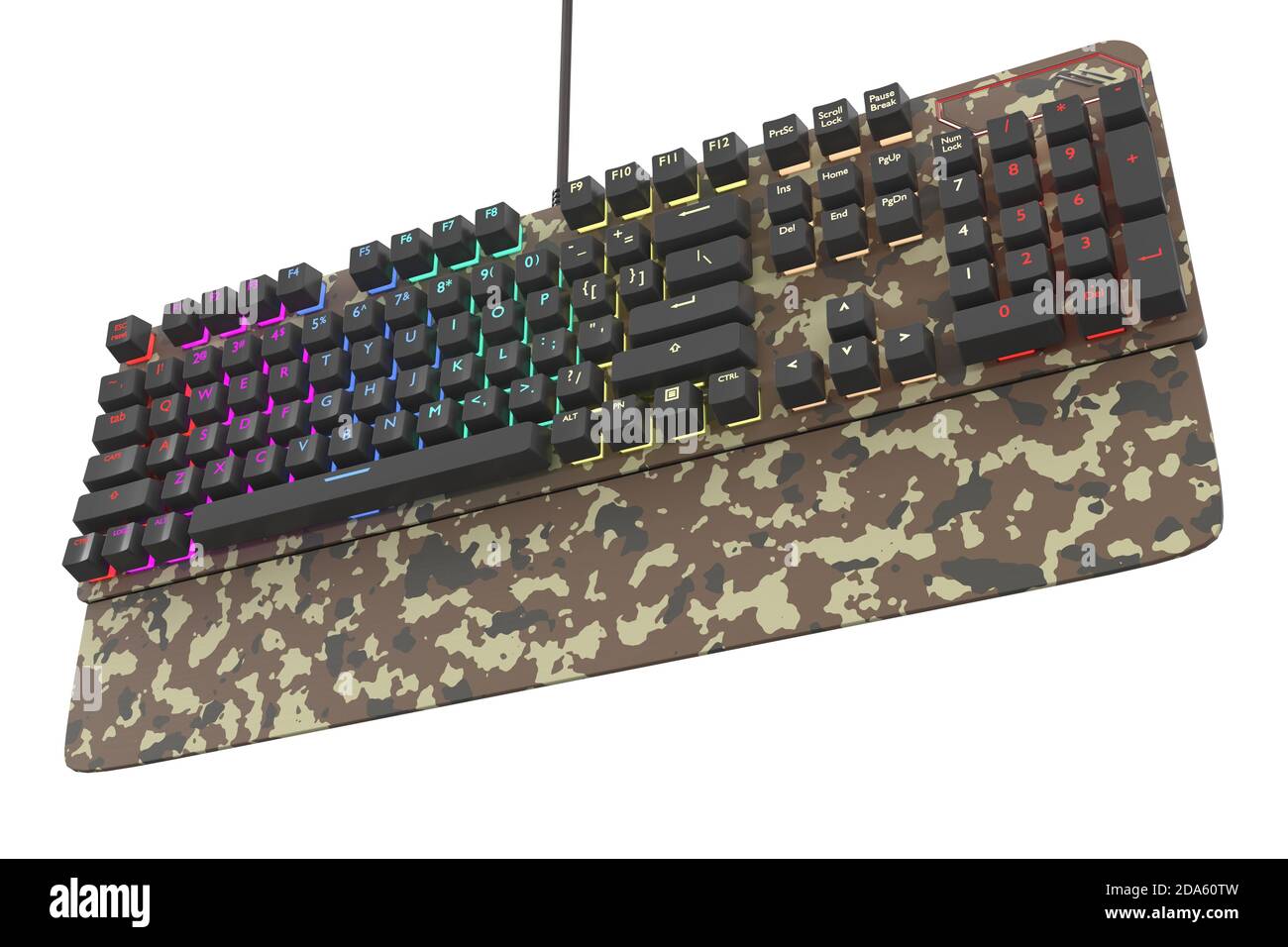 Camouflage colored computer keyboard with rgb color isolated on white with clipping path. 3D rendering of streaming gear and gamer workspace concept Stock Photo