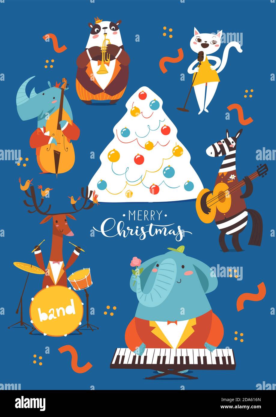 Christmas cartoon poster with cute jazz musicians characters. Stock Vector