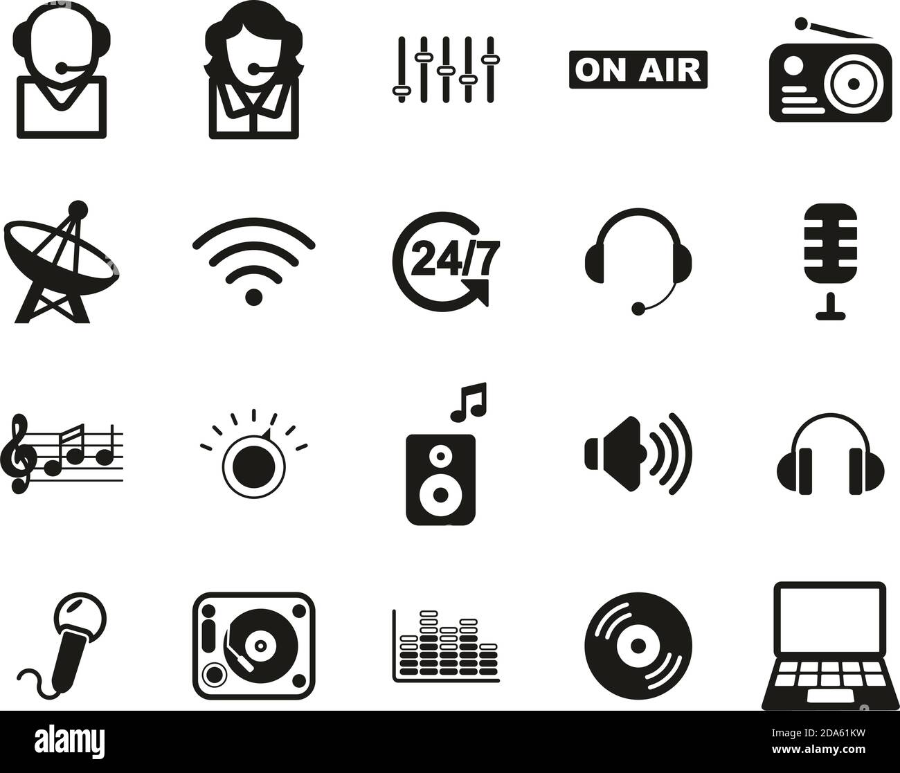 Radio Station & Radio Equipment Icons Black & White Set Big Stock Vector