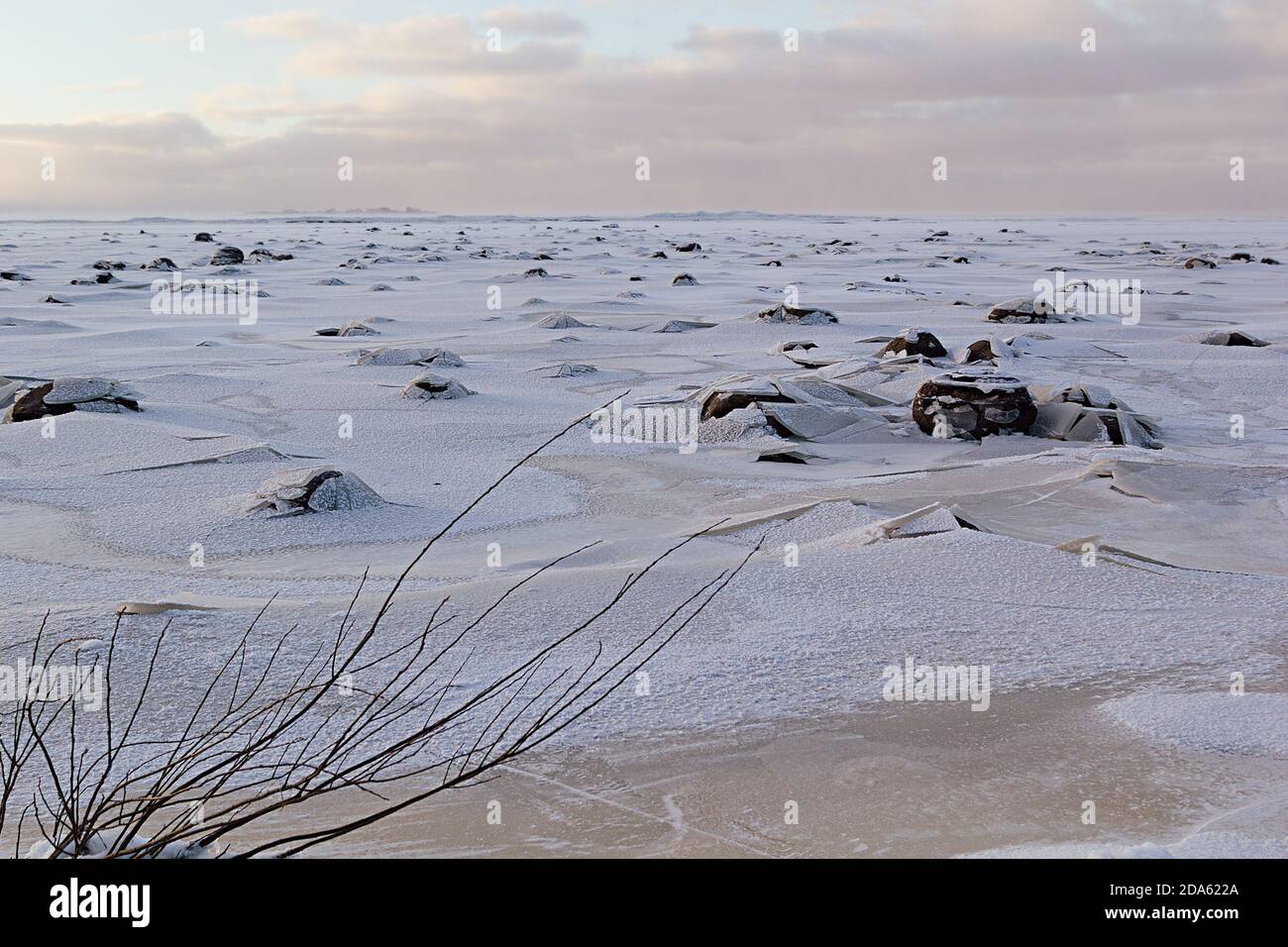 Minimalist north cold landscape in winter with frozen shore, crack broken ice, black stones, horizon, soft clouds, little branch as  simple calm backg Stock Photo
