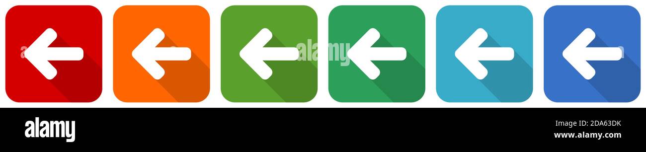Left arrow, back icon set, flat design vector illustration in 6 colors ...