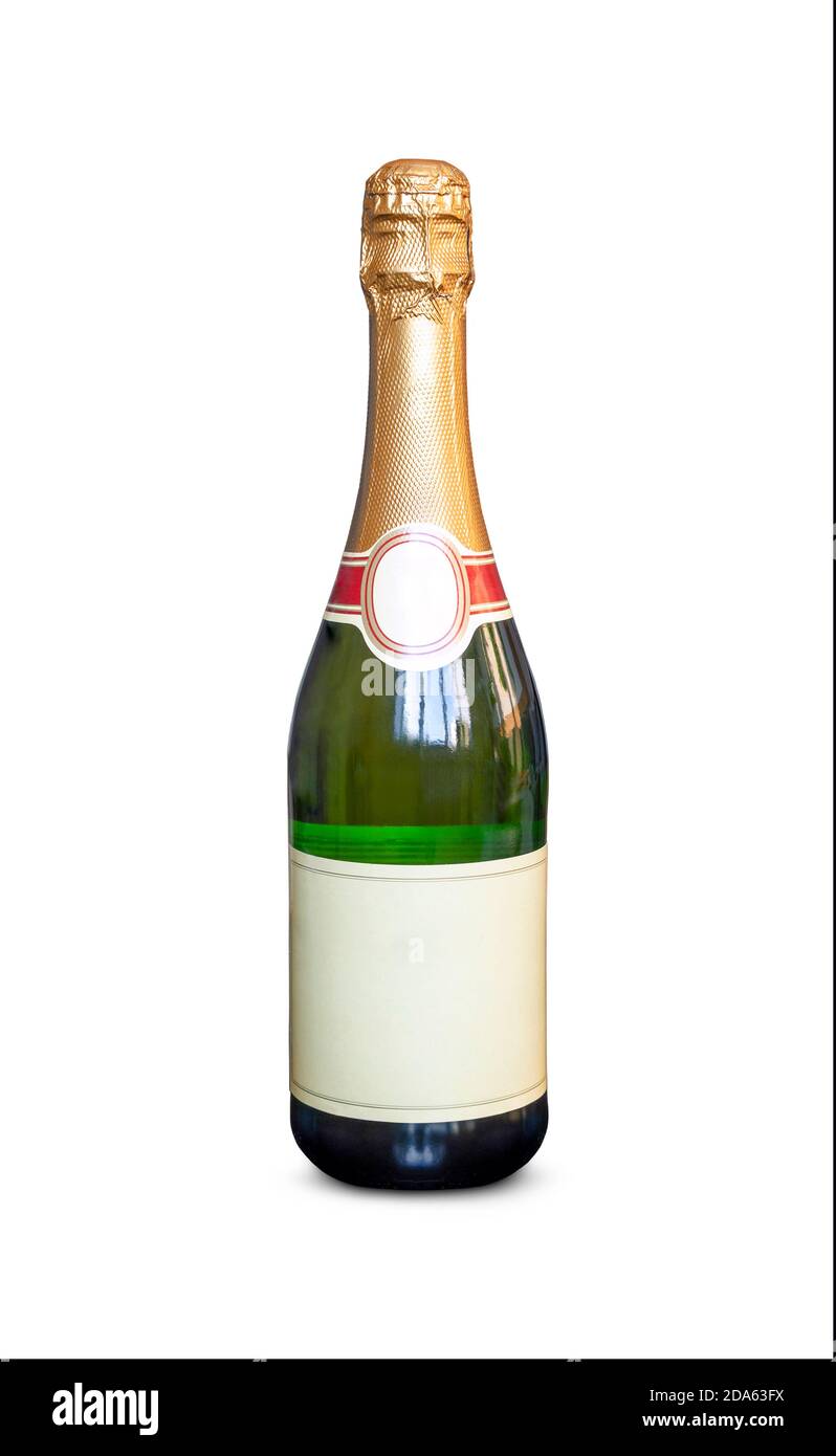 champagne bottle isolated on a white background. Closed traffic jam. Empty space for the design or text on the label. Stock Photo