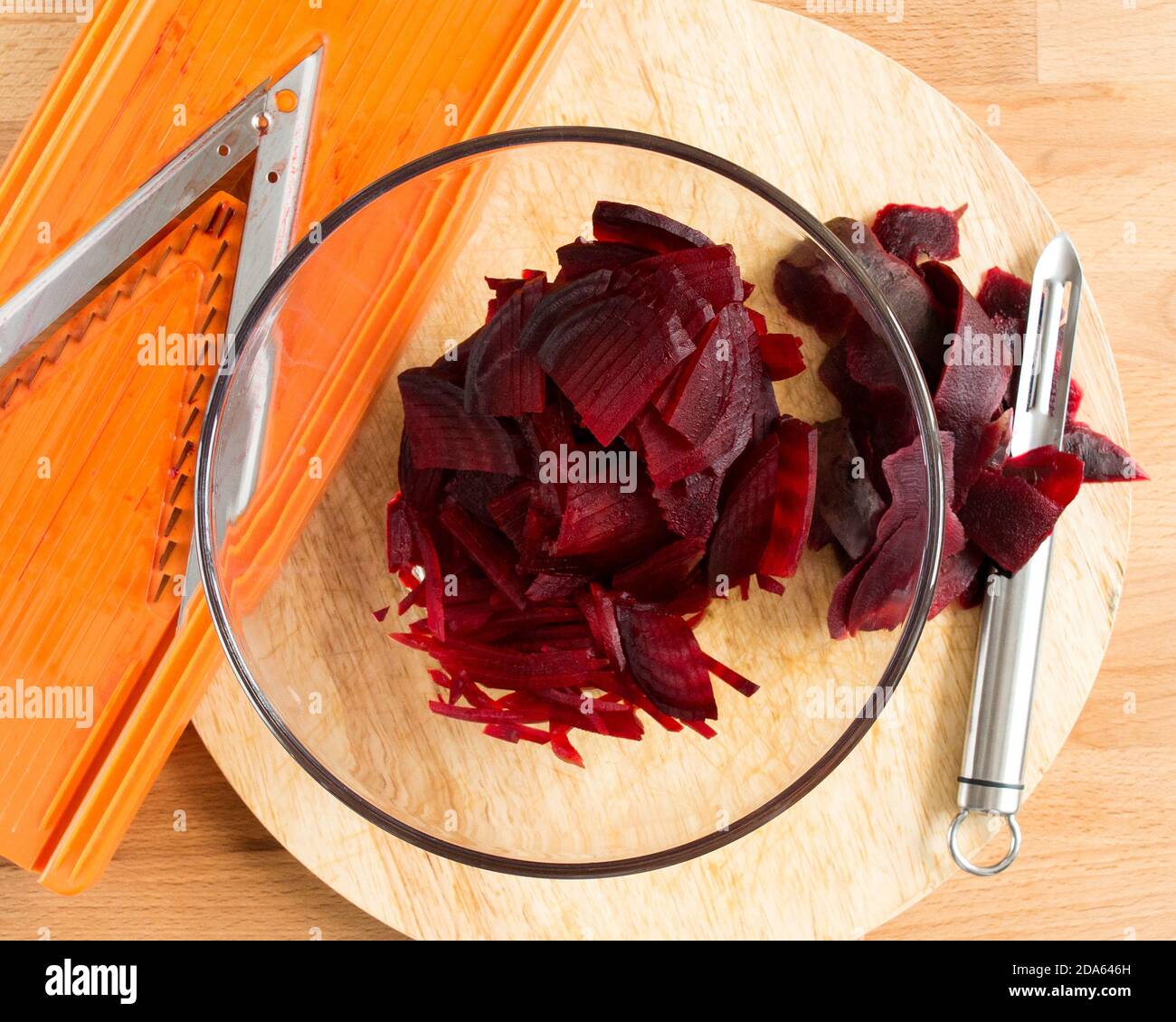Boiled beets grated in strips in a bowl. Stock Photo