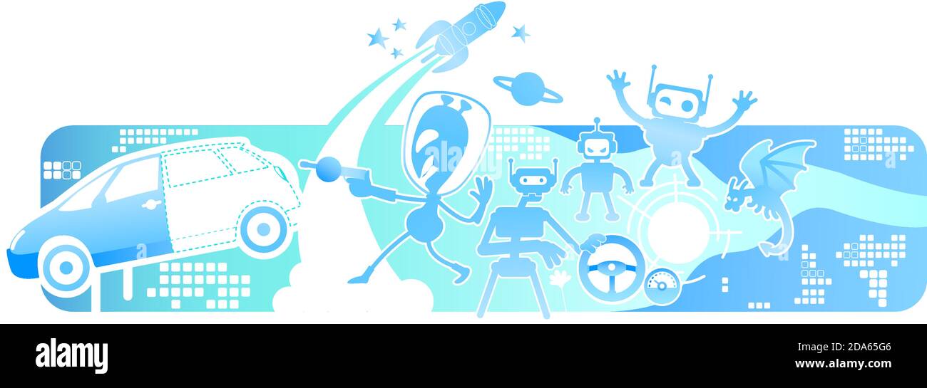 Action space video game 2D vector web banner, poster Stock Vector