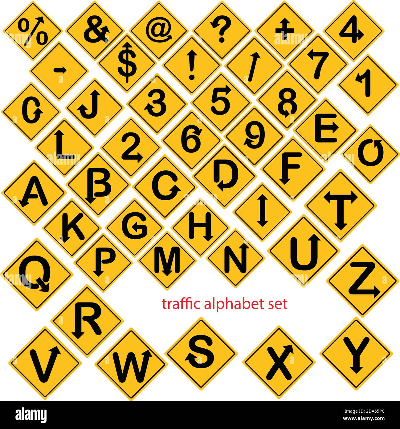 illustration vector of alphabet and number set in yellow road signs or
