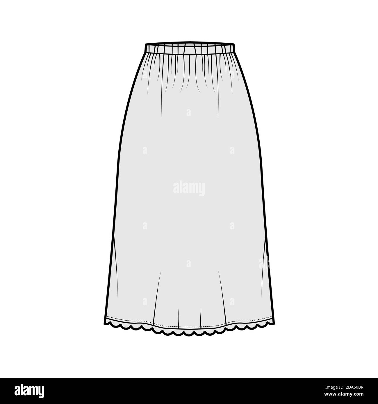 Skirt slip dirndl technical fashion illustration with below-the-knee  silhouette, A-line fullness, scalloped edge. Flat bottom template front,  grey color style. Women, men, unisex CAD mockup Stock Vector Image & Art -  Alamy
