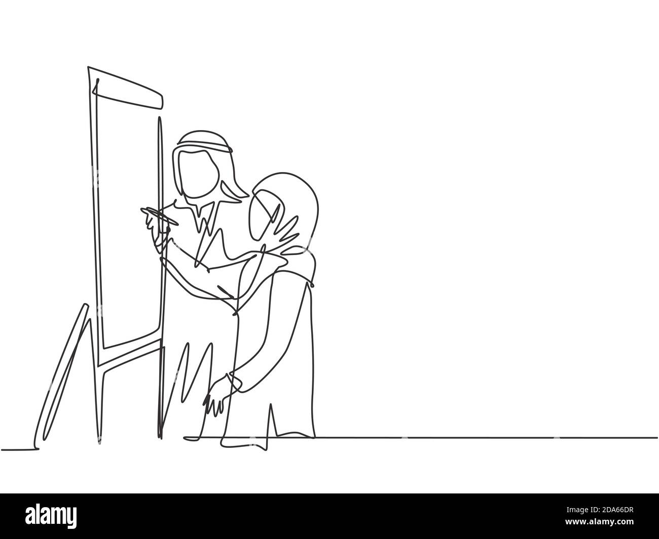 One continuous line drawing of young male and female muslim worker preparing material for presentations on flip chart. Islamic clothing hijab, kandura Stock Vector
