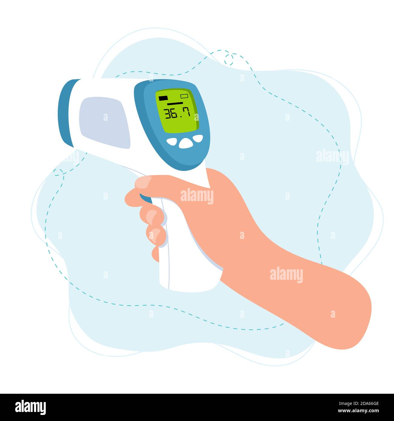 Body temperature check, hand holding infrared thermometer. Stock Vector