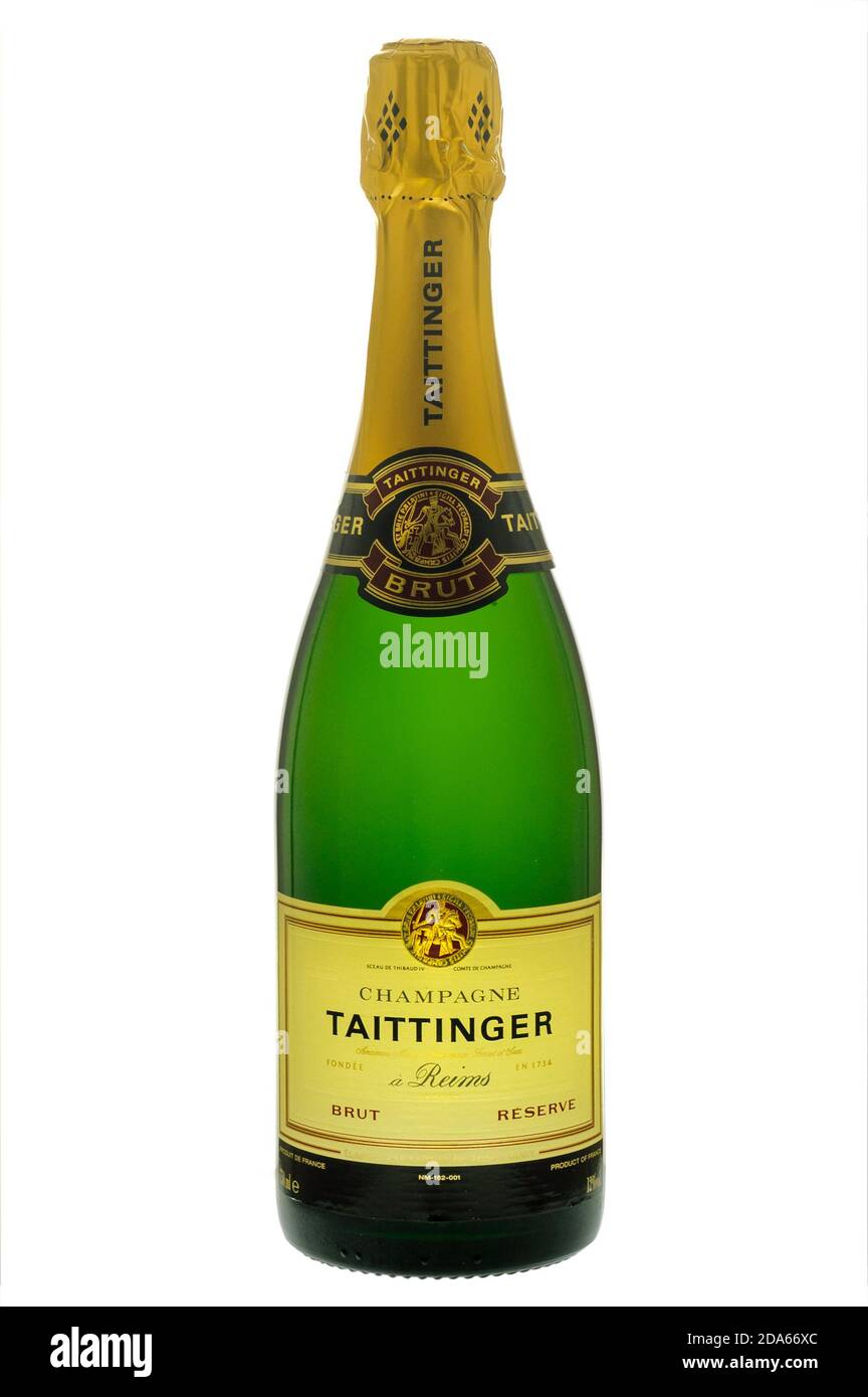 Bottle of Taittinger Champagne on a white background, Taittinger was
