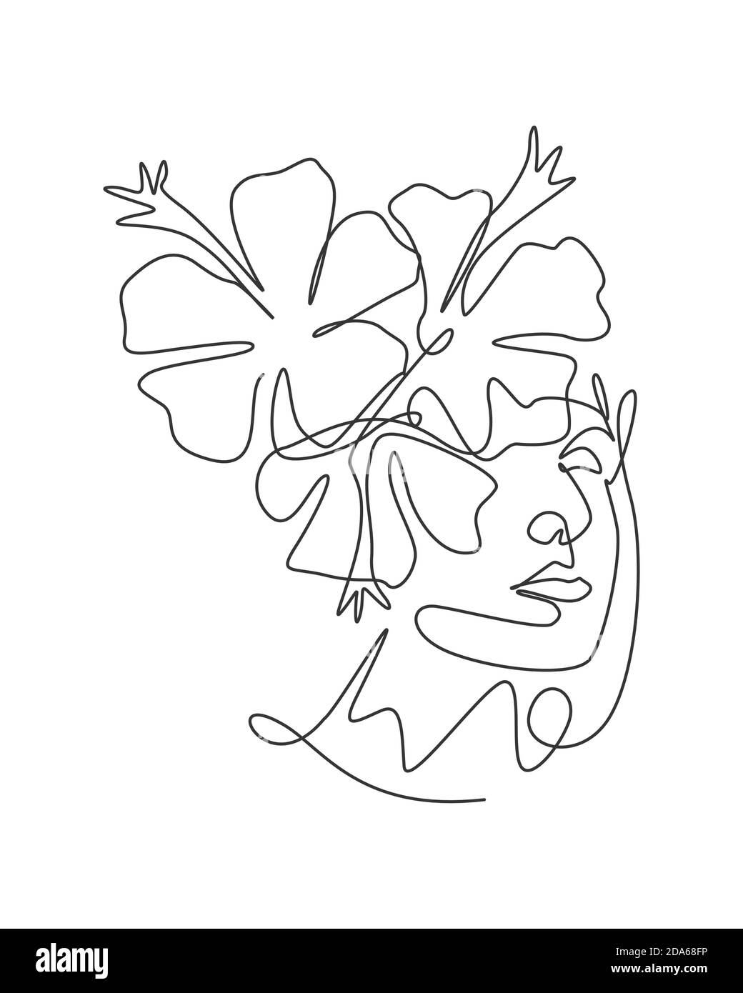 One single line drawing beauty abstract face with natural flowers ...