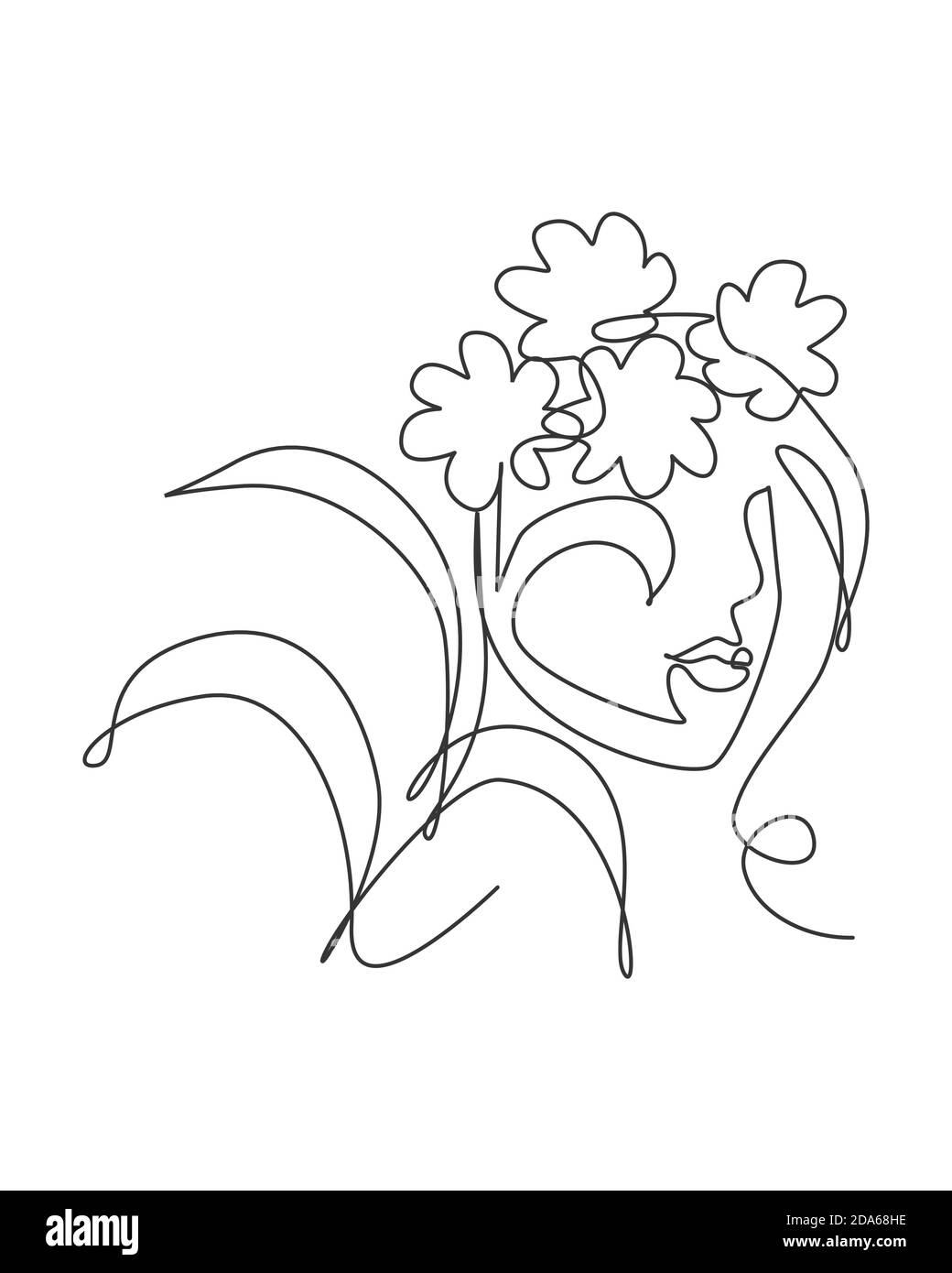 One single line drawing beauty abstract face with natural flowers ...