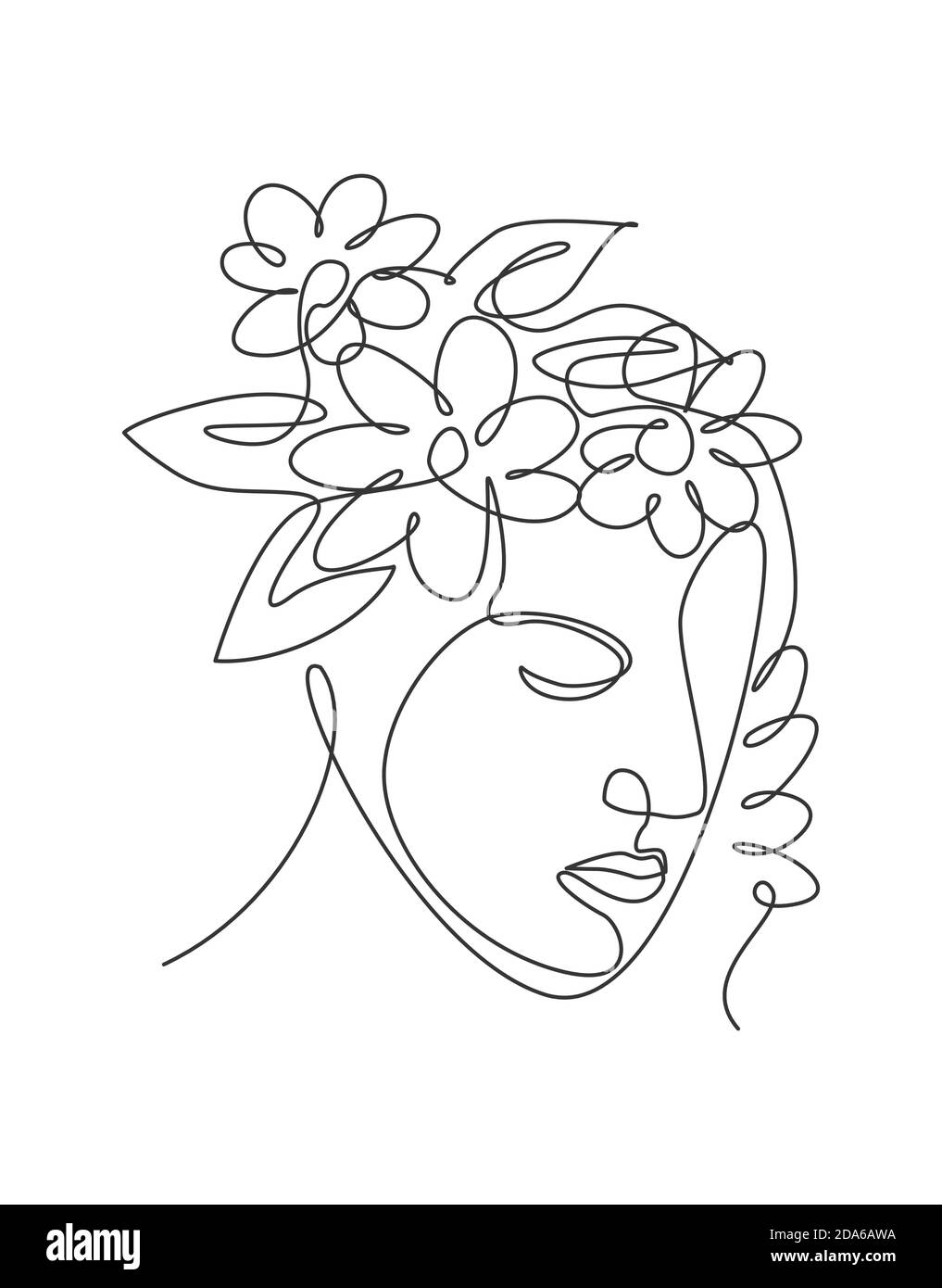 One single line drawing abstract face with natural flowers vector ...