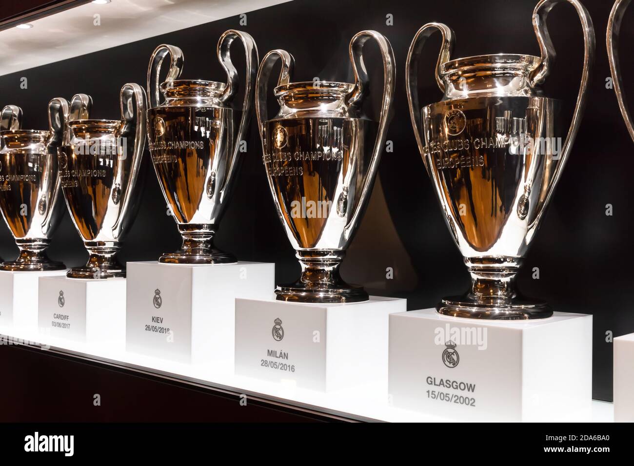 MADRID, SPAIN - Jun 04, 2018: UEFA Champions League Cups, which the Real Madrid club on the territory of the Santiago Bernabeu stadium, in (Spain Stock Photo - Alamy