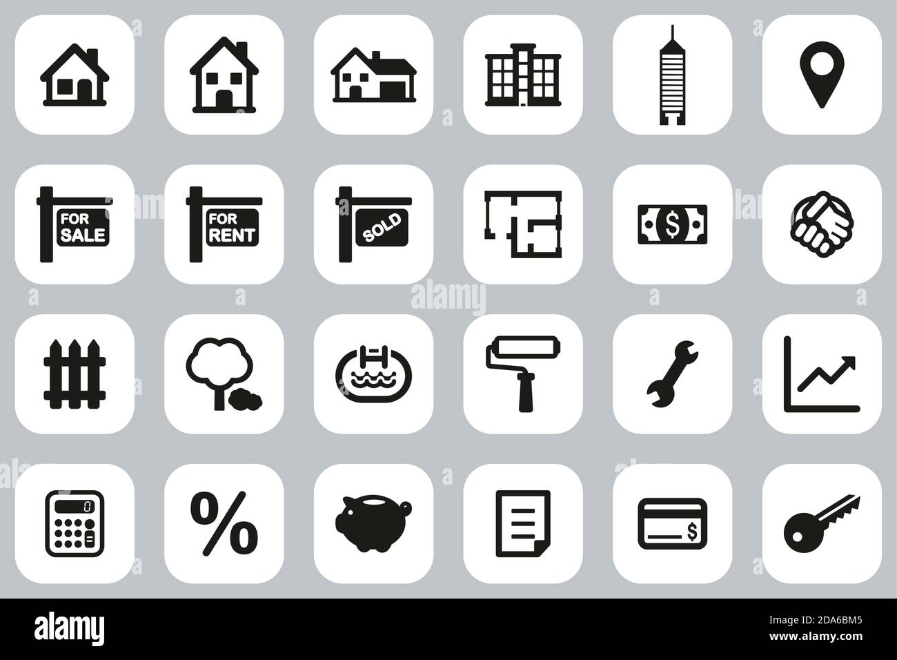 Real Estate Market Icons Black & White Flat Design Set Big Stock Vector ...