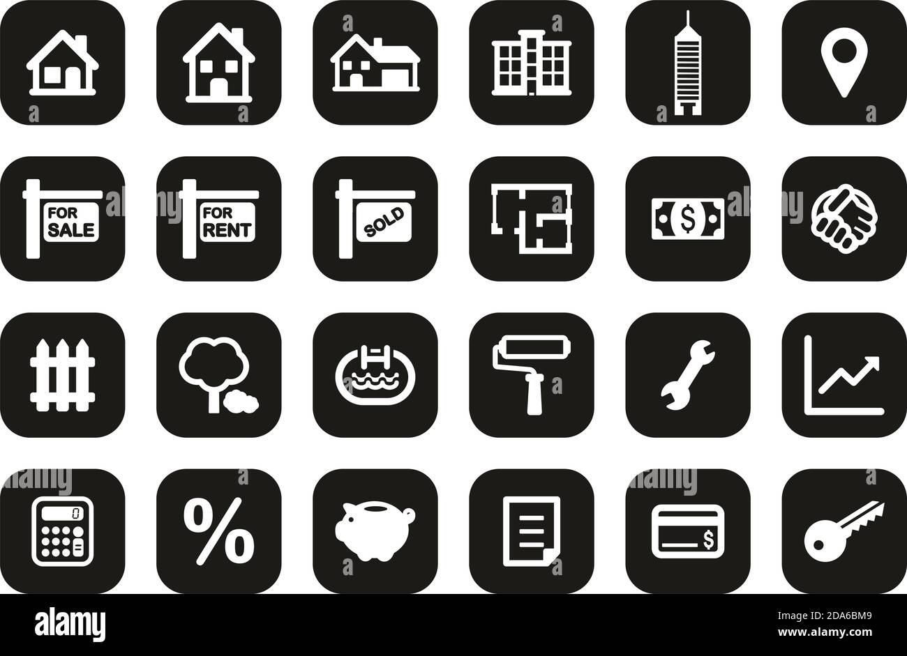 Real Estate Market Icons White On Black Flat Design Set Big Stock Vector