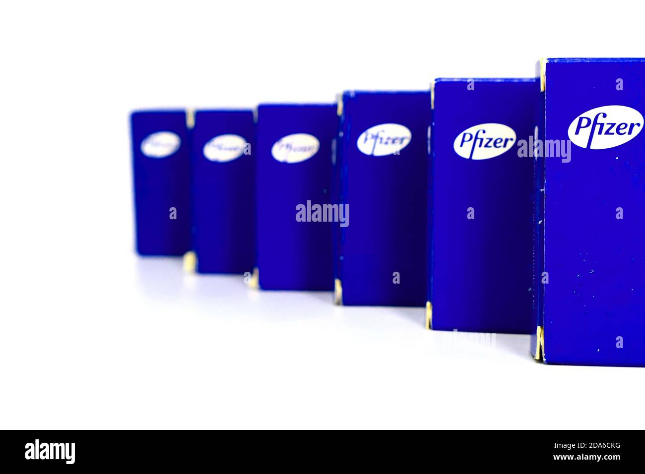 Pfizer logo on the medicine boxes. Pfizer inc. is an American Multinational Pharmaceutical Corporation Stock Photo