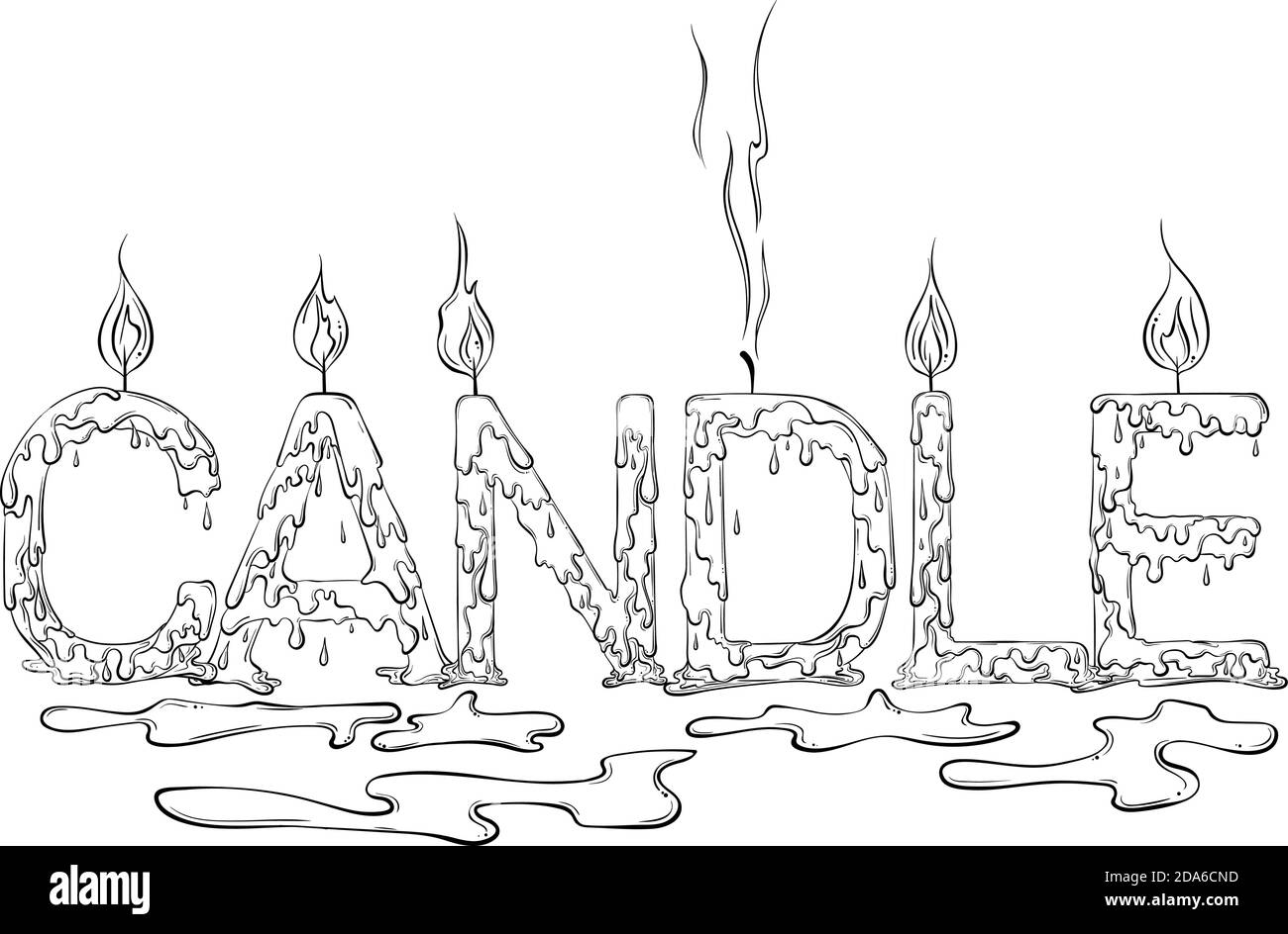 Lettering dripping word Candle in the form of burning candles. Vector illustration isolated on white background. Coloring book page in hand drawn style. Words for print, banners, posters, books. Stock Vector