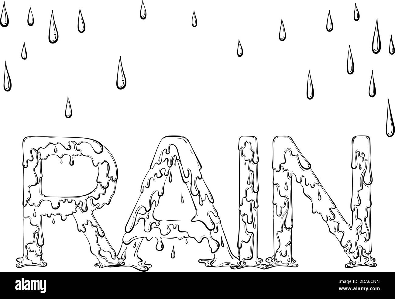 Lettering dripping word Rain. Vector illustration isolated on white background. Design for coloring book page in hand drawn style. Words for print, banners, posters, books. Stock Vector