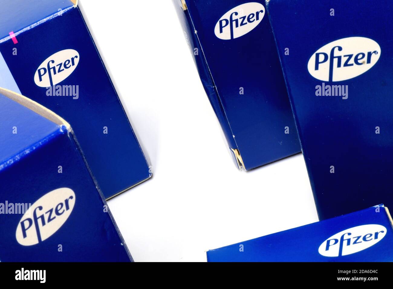 Pfizer logo on the medicine boxes. Pfizer inc. is an American Multinational Pharmaceutical Corporation Stock Photo