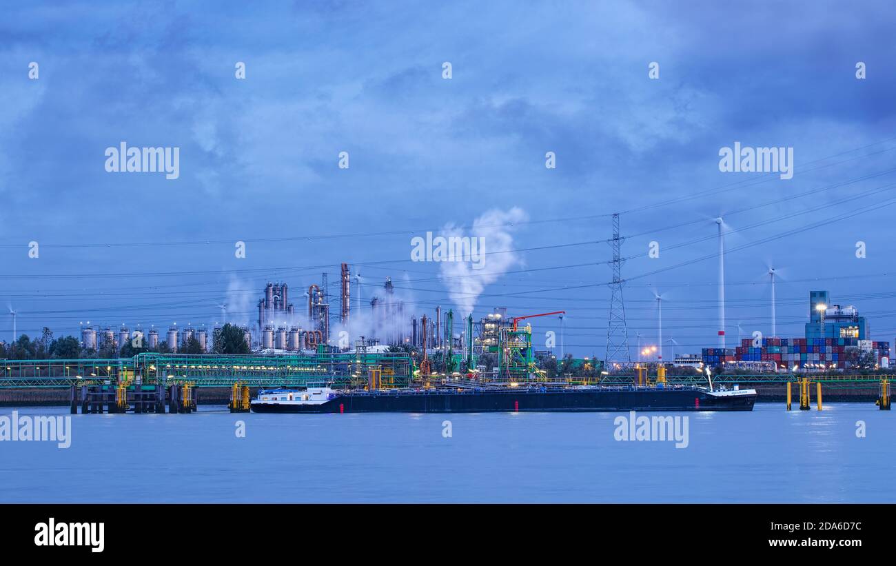 Tanker moored at petrochemical plant. The Port of Antwerp in Flanders, has one the highest concentrations of petrochemical plants. Stock Photo