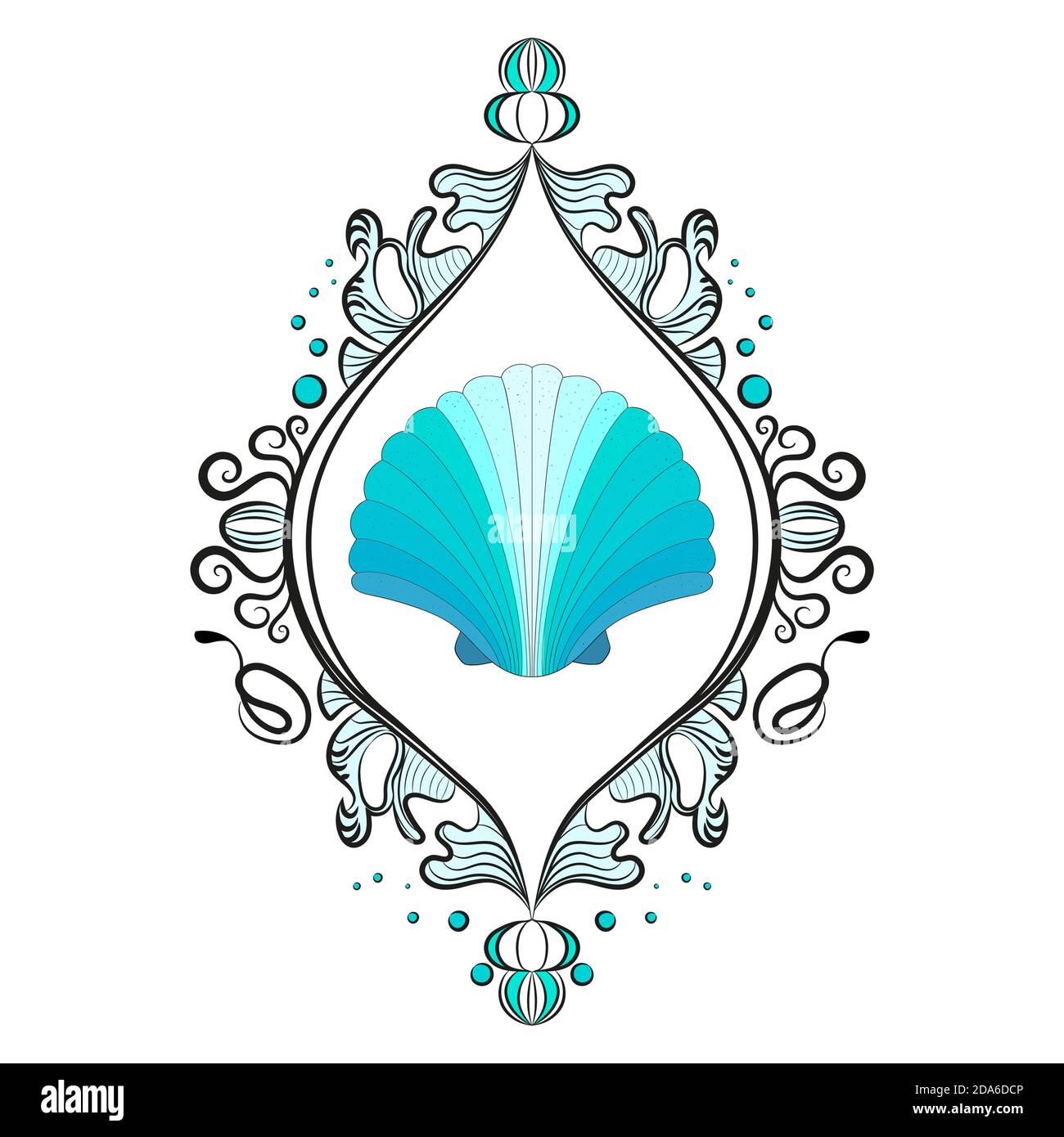 Single shell scallop in a frame. Victorian era, beautiful frame. Composition blue. Isolated