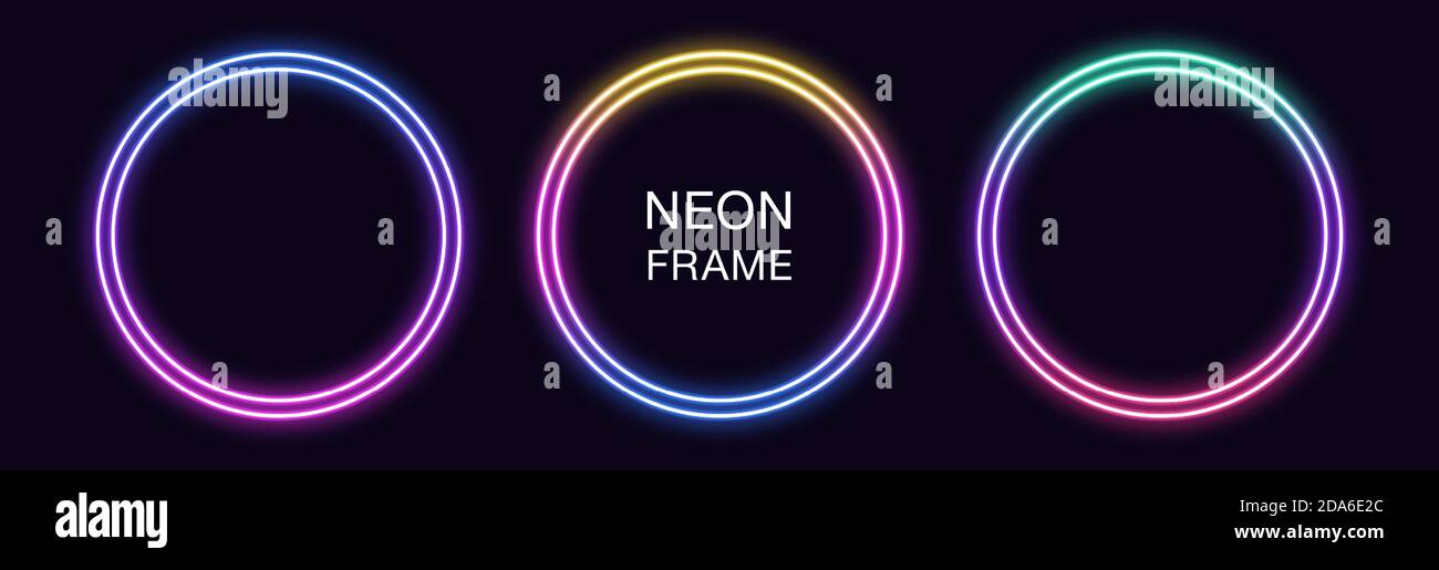 Gradient neon circle Frame. Vector set of round neon Border with double ...