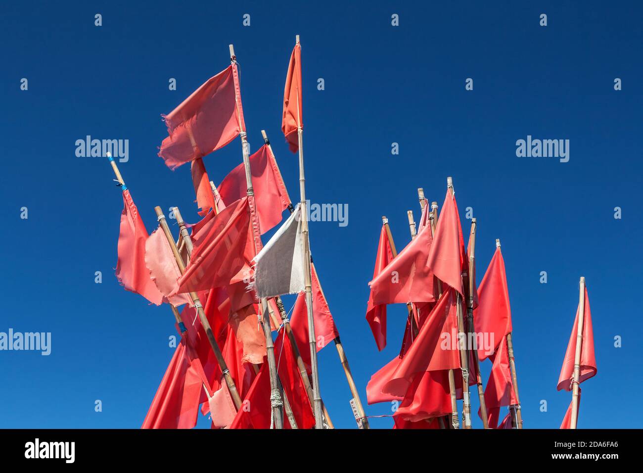geography / travel, Germany, Mecklenburg-West Pomerania, Greifswald, red flags in the harbour from Wie, Additional-Rights-Clearance-Info-Not-Available Stock Photo