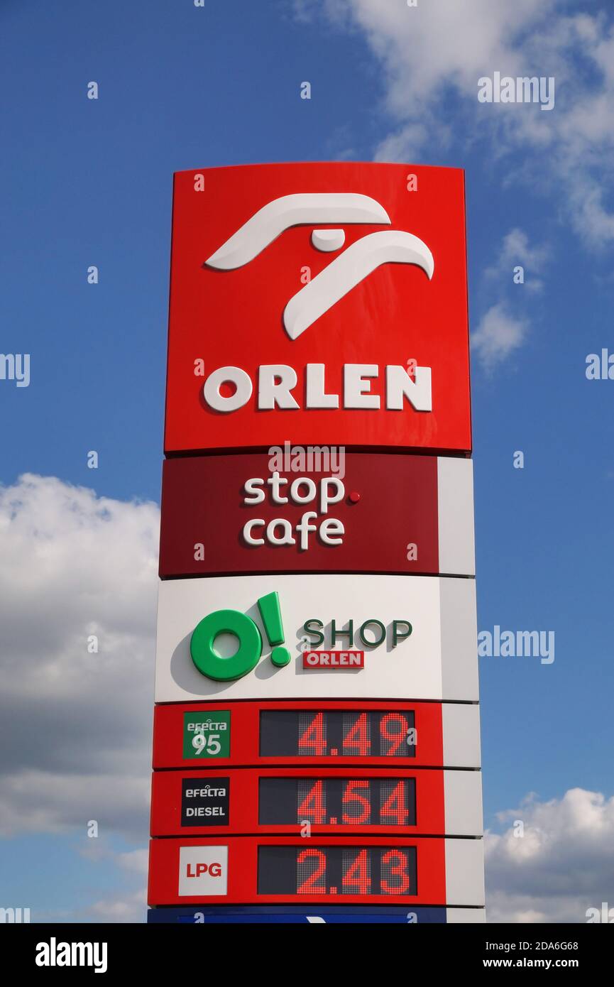 Advertising pylon for gas station and cafe. Orlen oil company sign. Sieganów. Poland. May 20, 2020.Sieganów. Poland. 20 may, 2020. Stock Photo