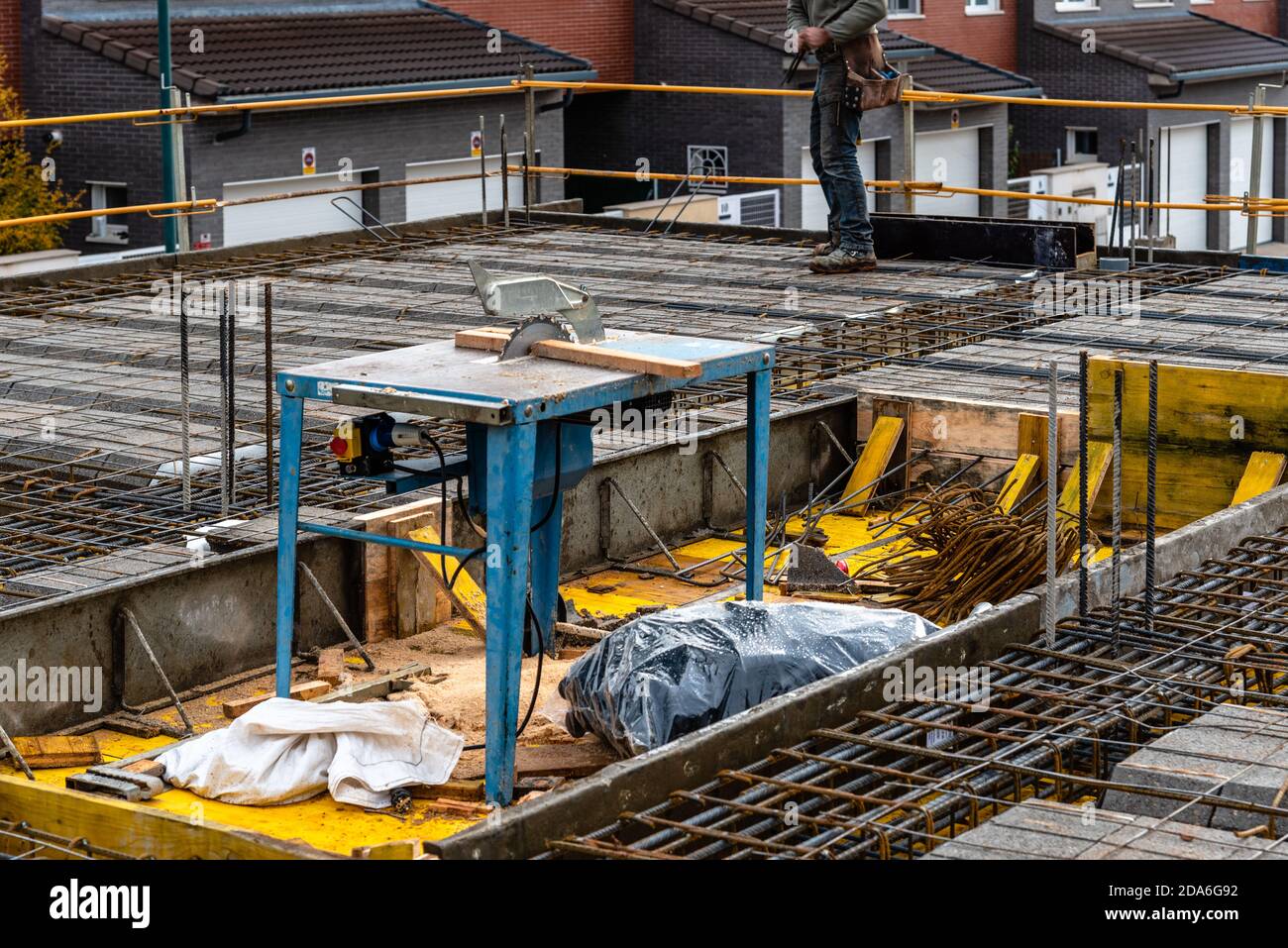 Construction works on a reinforced concrete slab. Stock Photo