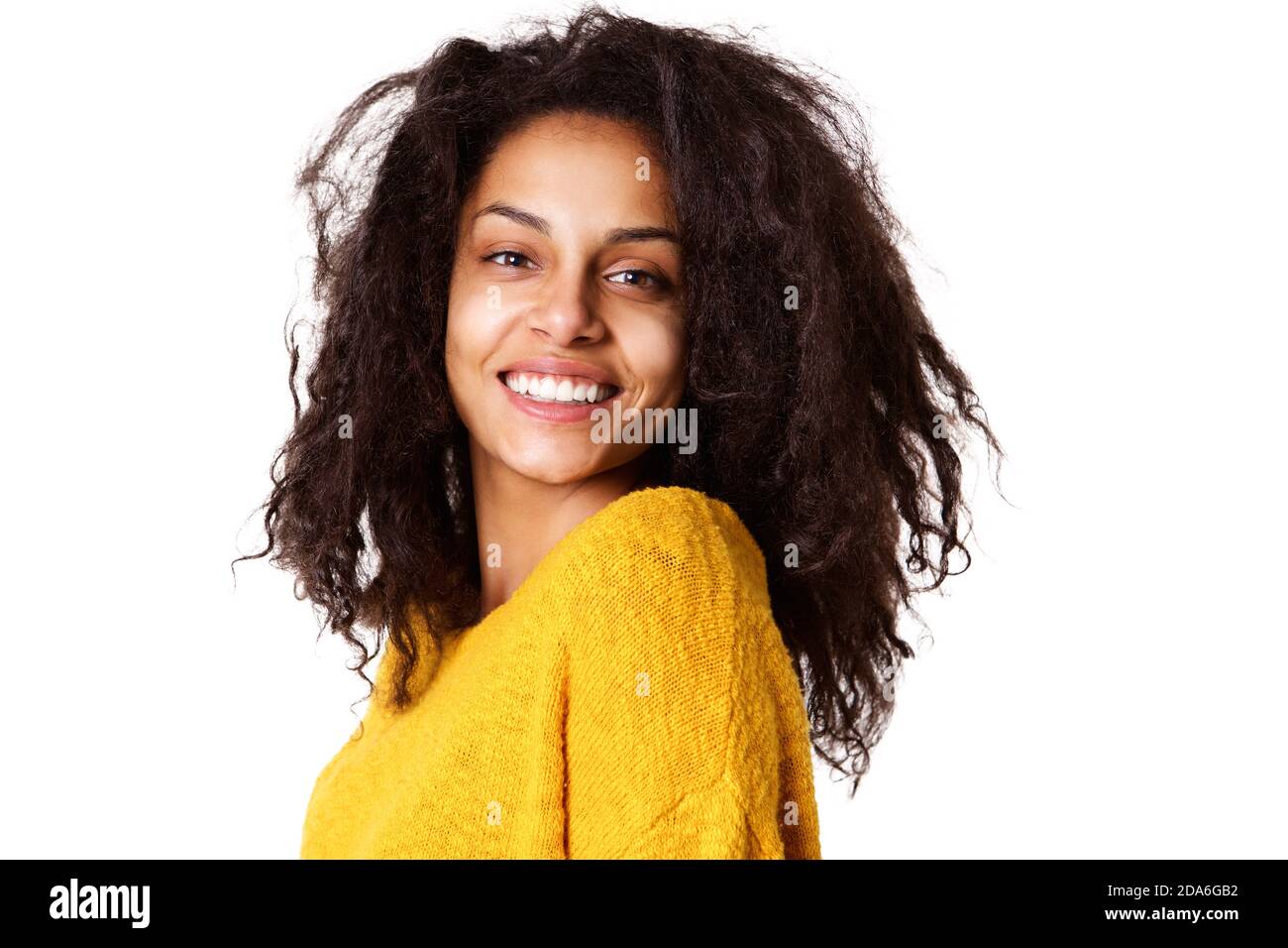 Close up portrait of beautiful young woman with curly hair on white ...