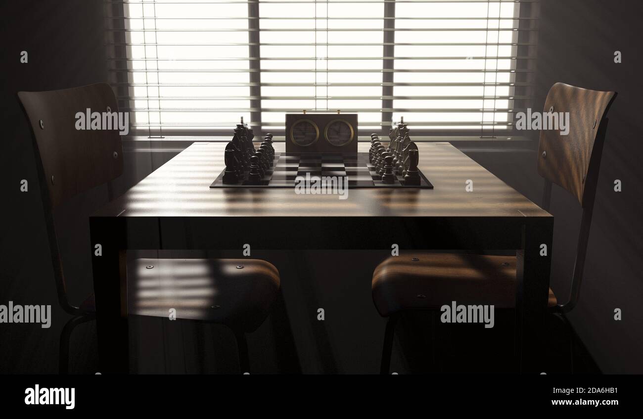 A completed chess game setup on a table with opposing chairs in a dark room  backlit by a bright window light - 3D render Stock Photo - Alamy