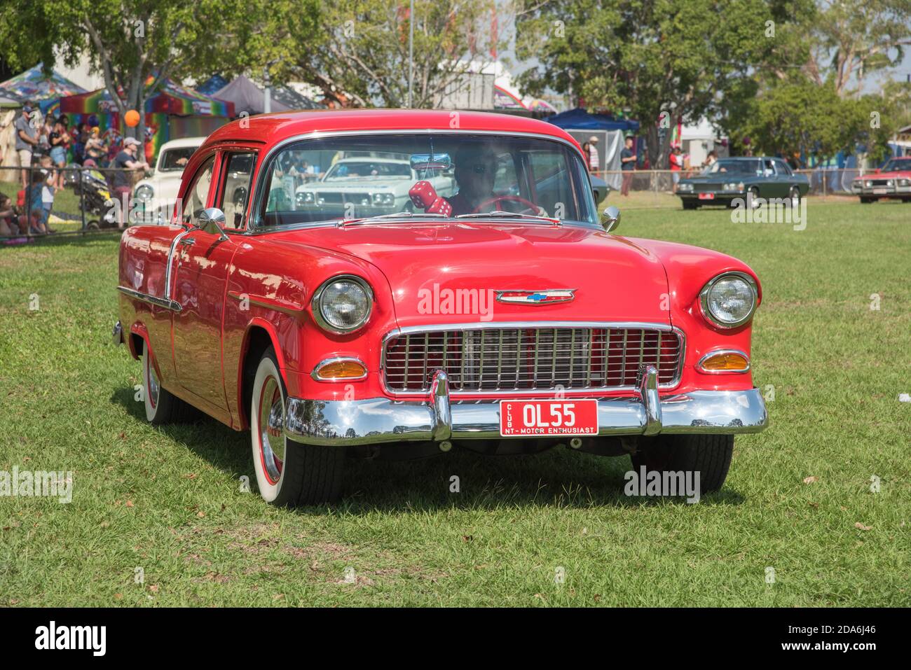 Darwin, NT, Australia-July 27,2018: Vintage red Chevy Bel-air with fuzzy dice and people at parade at the Darwin Show in the NT of Australia Stock Photo