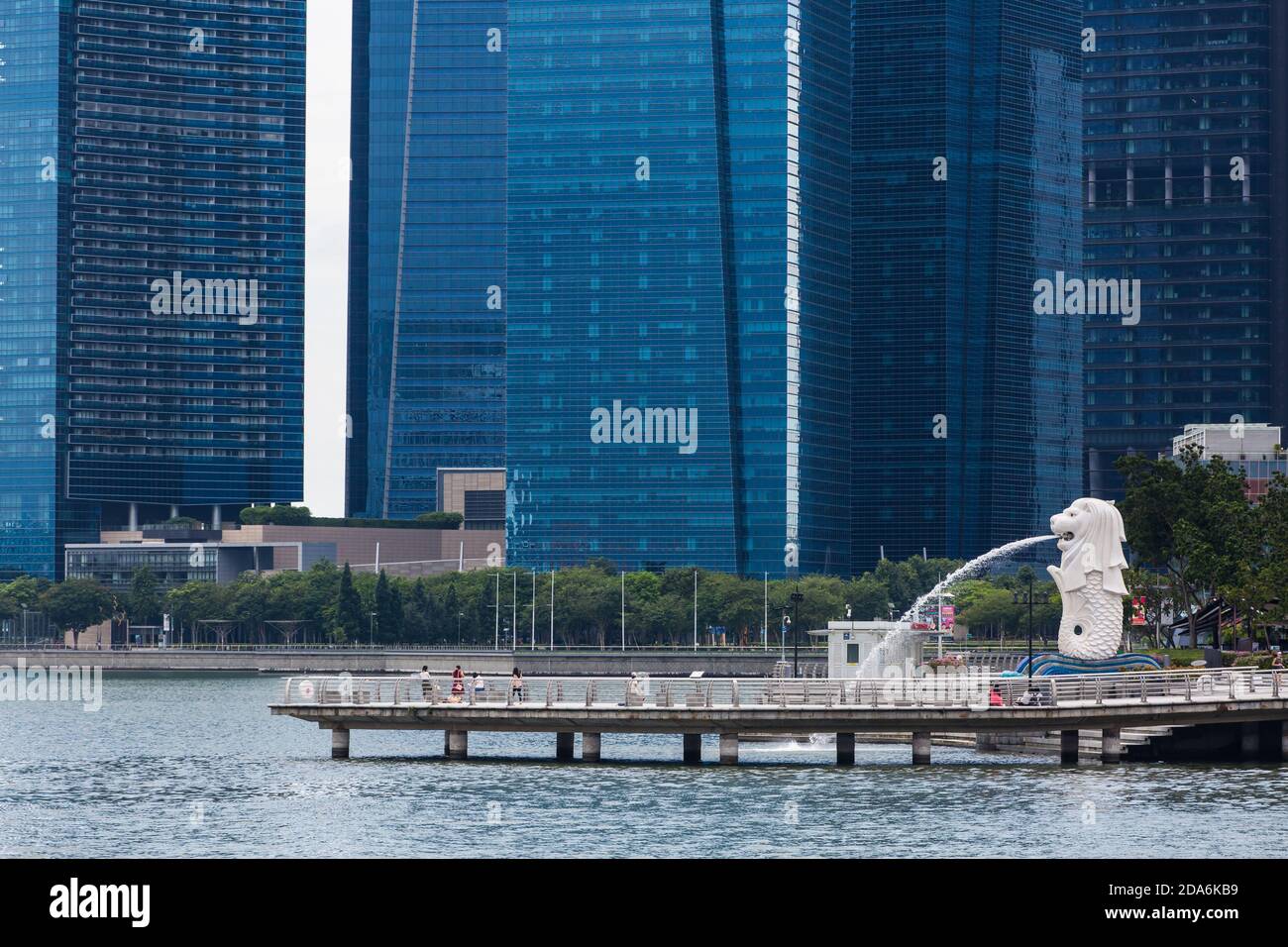 Cityscape view of Merlion and Marina Bay Financial Centre Towers architecture. Singapore, 2020. Stock Photo