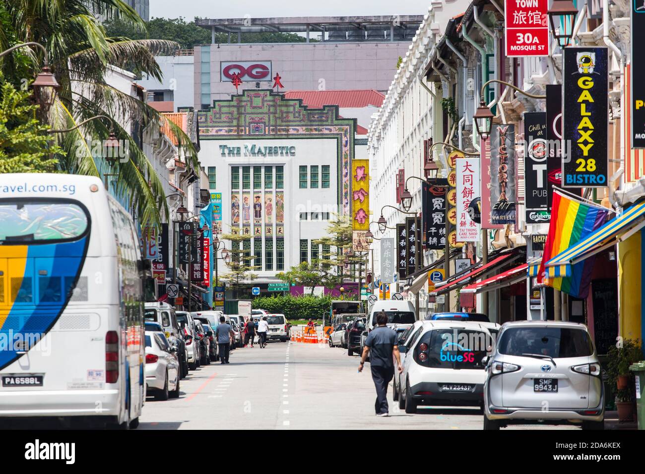 Chinatown scene of backpacker hostel, pubs, restaurants and variety of shops to explore. Singapore. 2020. Stock Photo