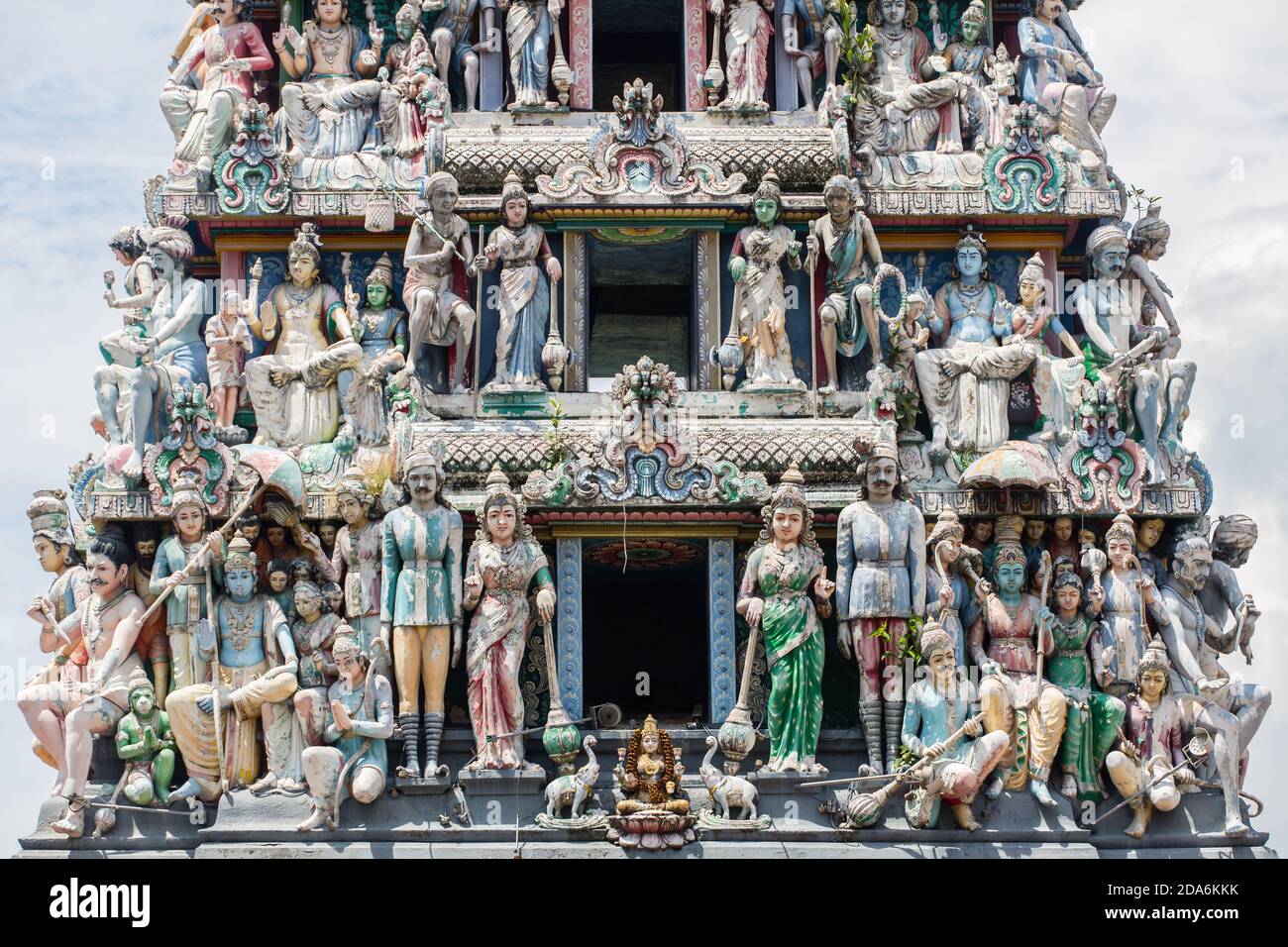 Close up of Sri Mariamman Temple roof design. due to the weather elements, the painted was in discolouration /fade. Singapore. 2020. Stock Photo