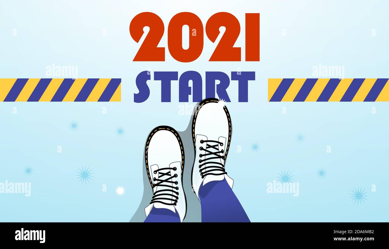 2021 New Year Start Facebook, web page cover, Illustration of top view of legs, border stripe. Psychological concept of isolation, personal boundaries Stock Vector
