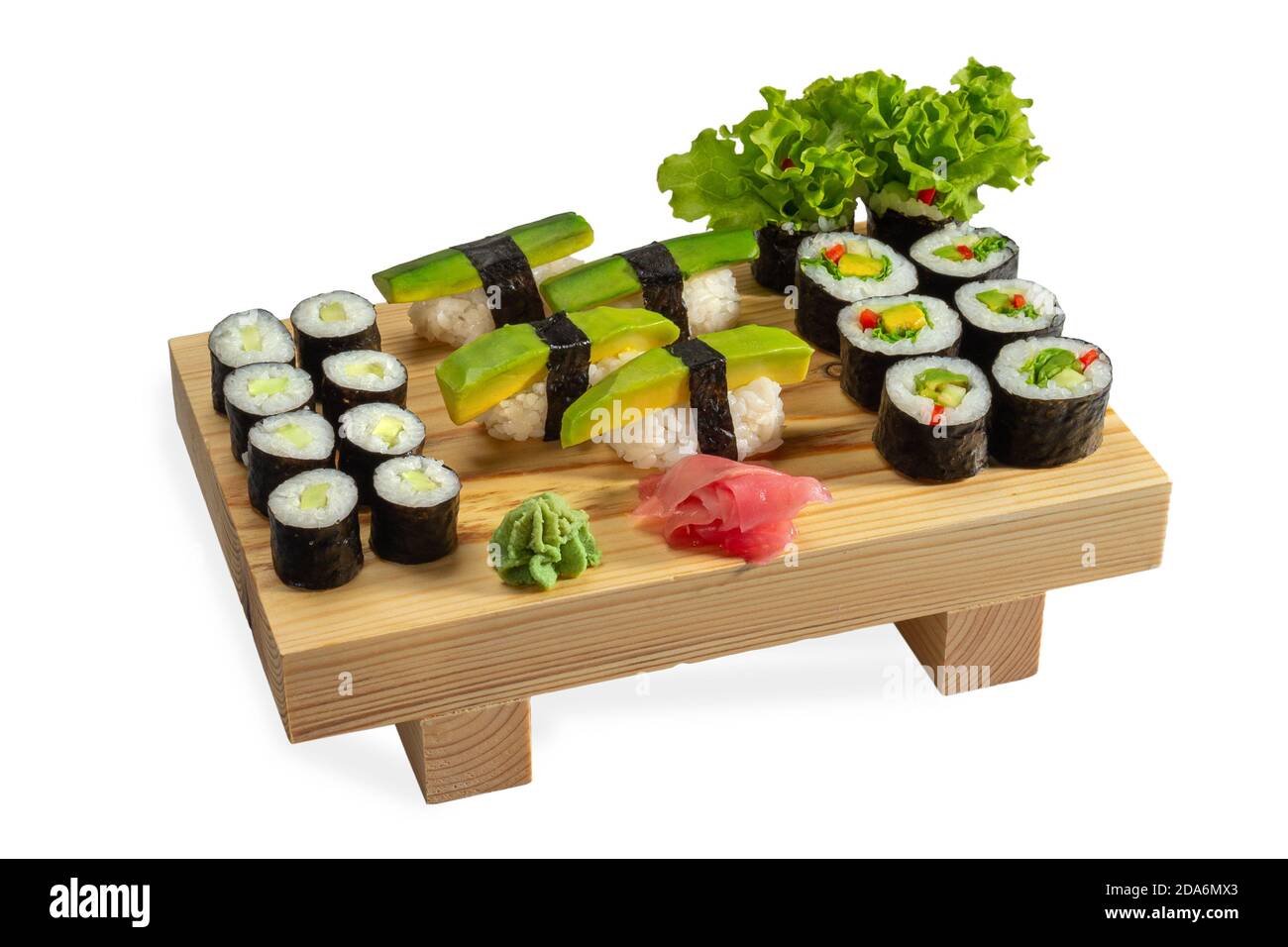 https://c8.alamy.com/comp/2DA6MX3/fresh-avocado-sushi-with-kappa-cheese-and-vegetarian-rolls-on-a-wooden-board-isolated-on-white-background-2DA6MX3.jpg