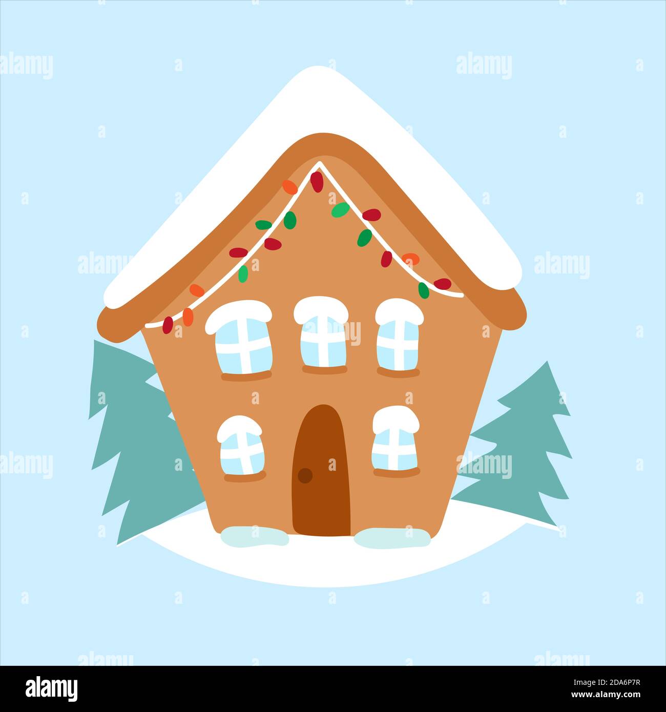 Christmas cartoon brown gingerbread house with snow and colored garland. Vector flat illustration isolated on white background. Stock Vector