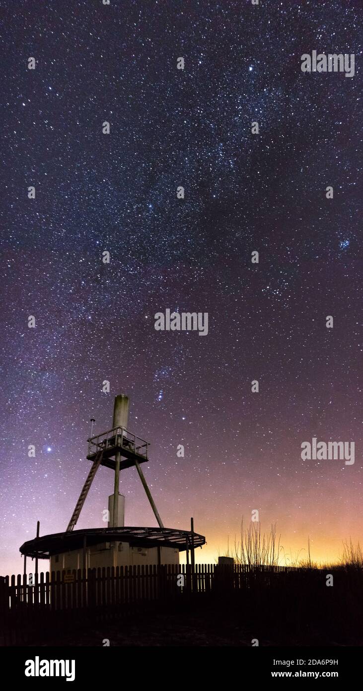 Milky Way Galaxy with flight navigation radio beacon at night Stock