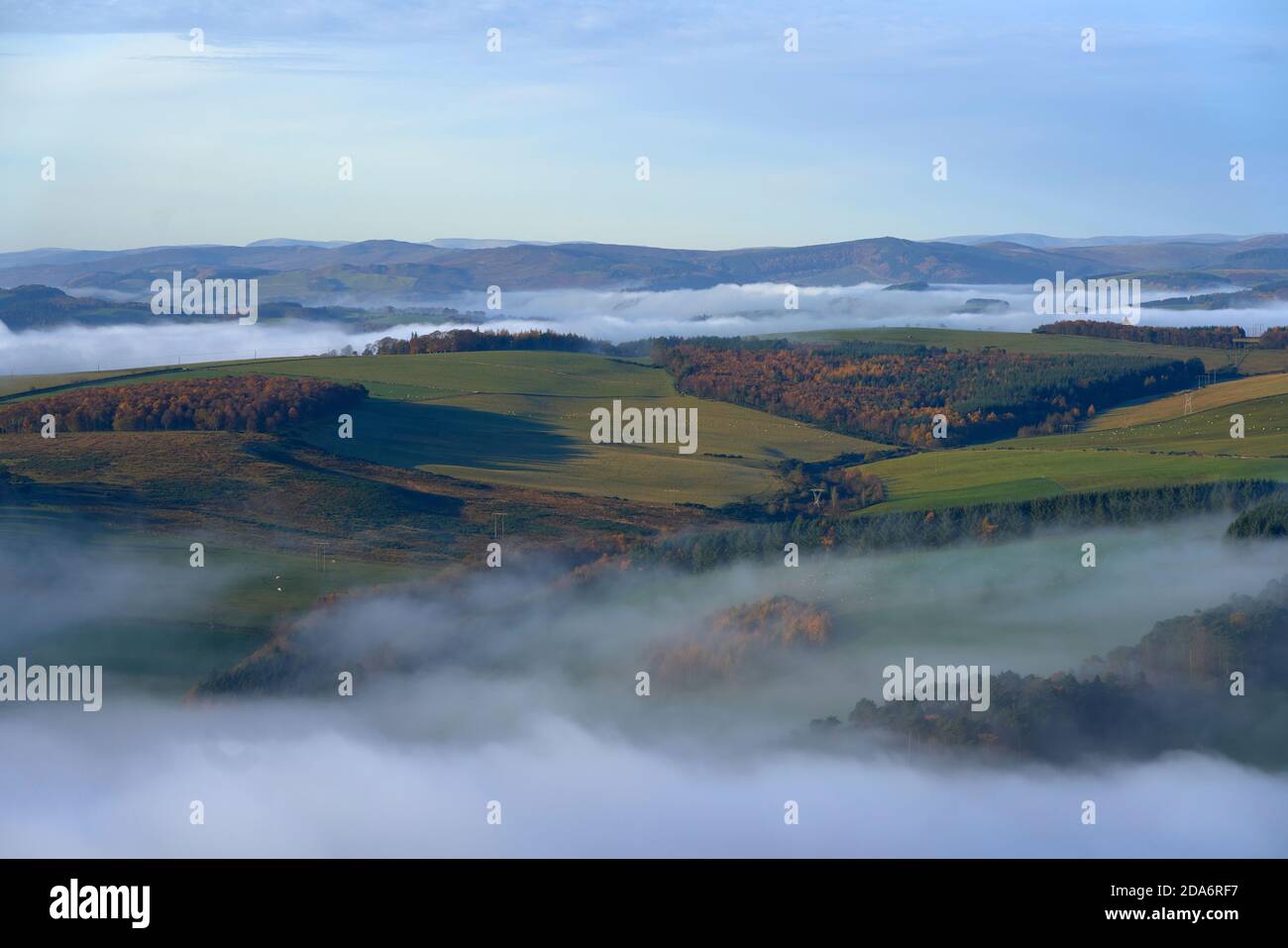 View from the Black Hill near Earlston on a misty autumn morning in the Scottish Borders. Stock Photo