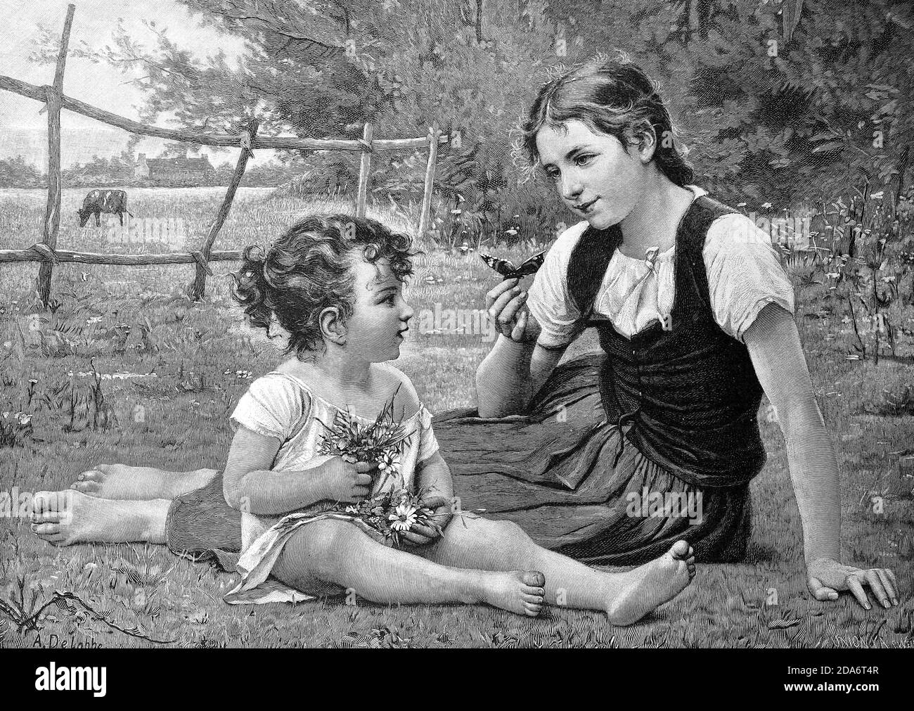 Children in the country, playing with a butterfly and self-picked meadow flowers, girl, 1885, Germany  /  Kinder auf dem Land, spielen mit einem Schmetterling und selbstgepflückten Wiesenblumen, Mädchen, 1885, Deutschland, Historisch, historical, digital improved reproduction of an original from the 19th century / digitale Reproduktion einer Originalvorlage aus dem 19. Jahrhundert, Stock Photo