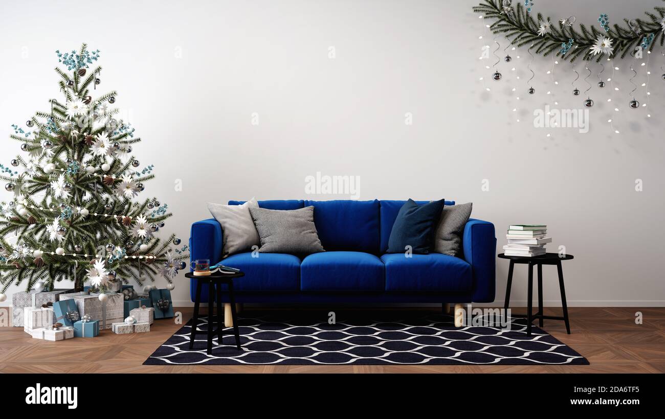 christmas tree next to sofa, christmas decorated living room concept