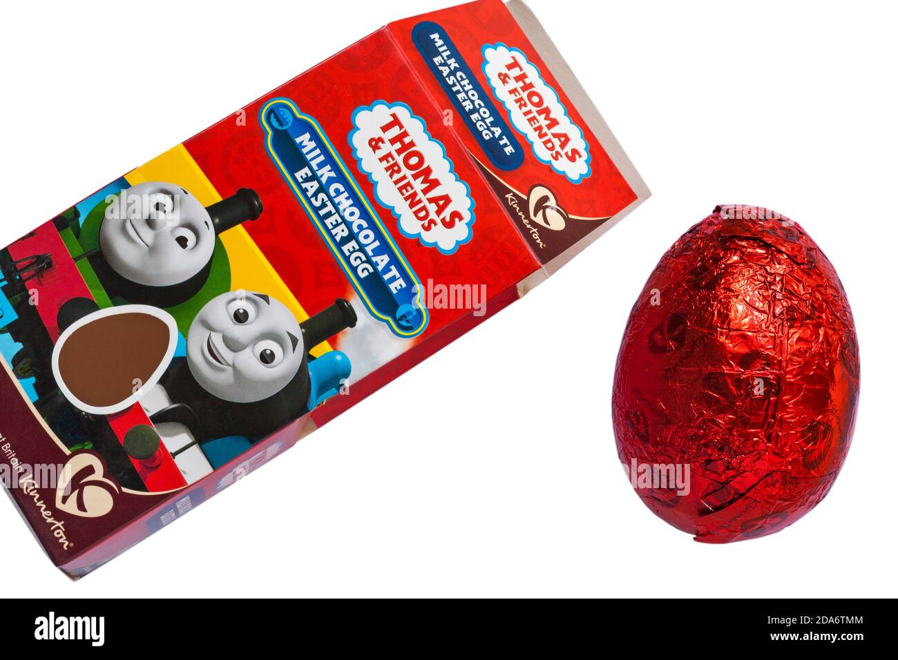 Kinnerton Thomas & Friends milk chocolate Easter Egg for Easter isolated on white background - foil wrapped Easter egg removed from box Stock Photo