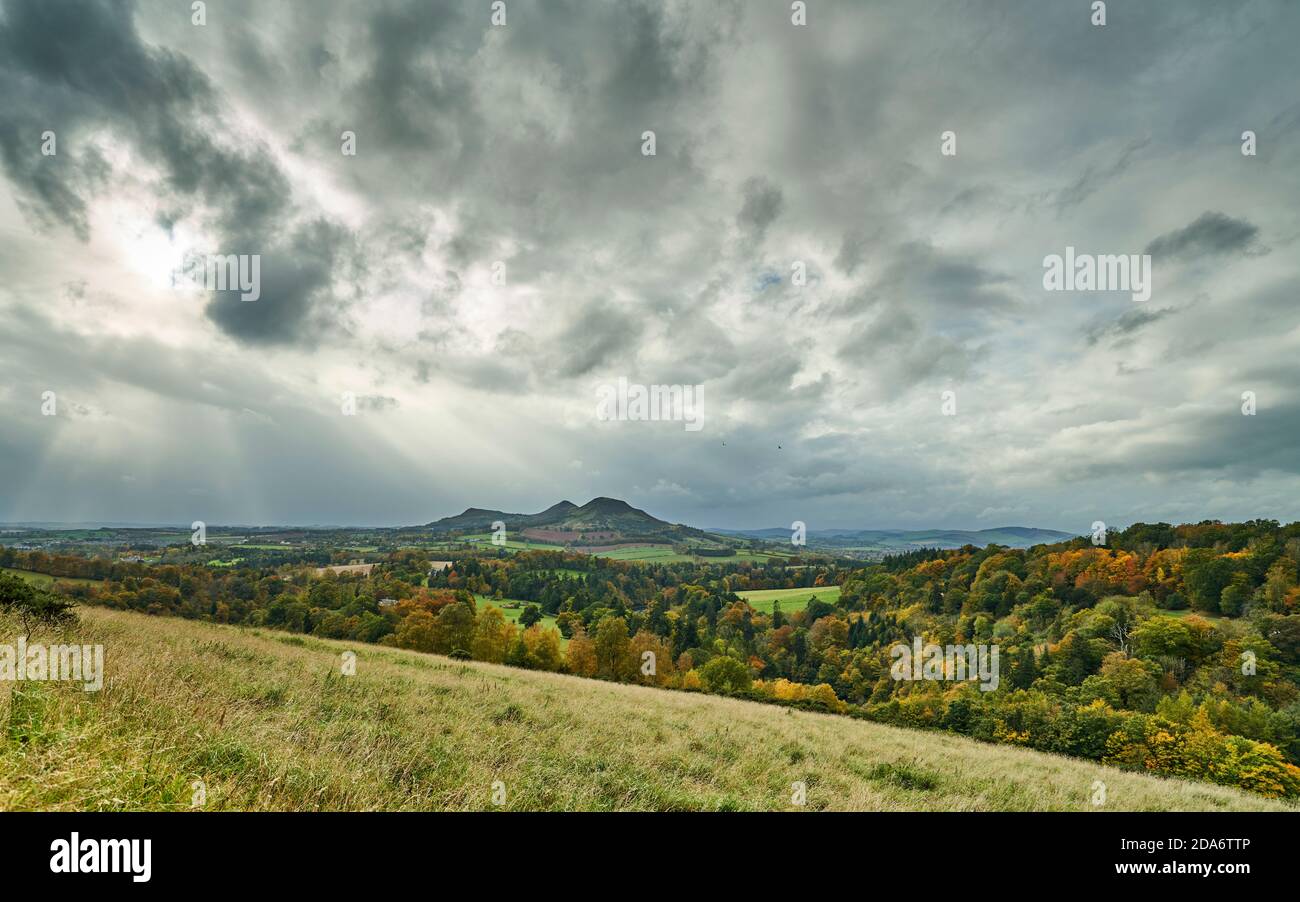 The Eildon Hils under a moody autumn sky as seen from Scott's View in t he Scottish Borders. Stock Photo