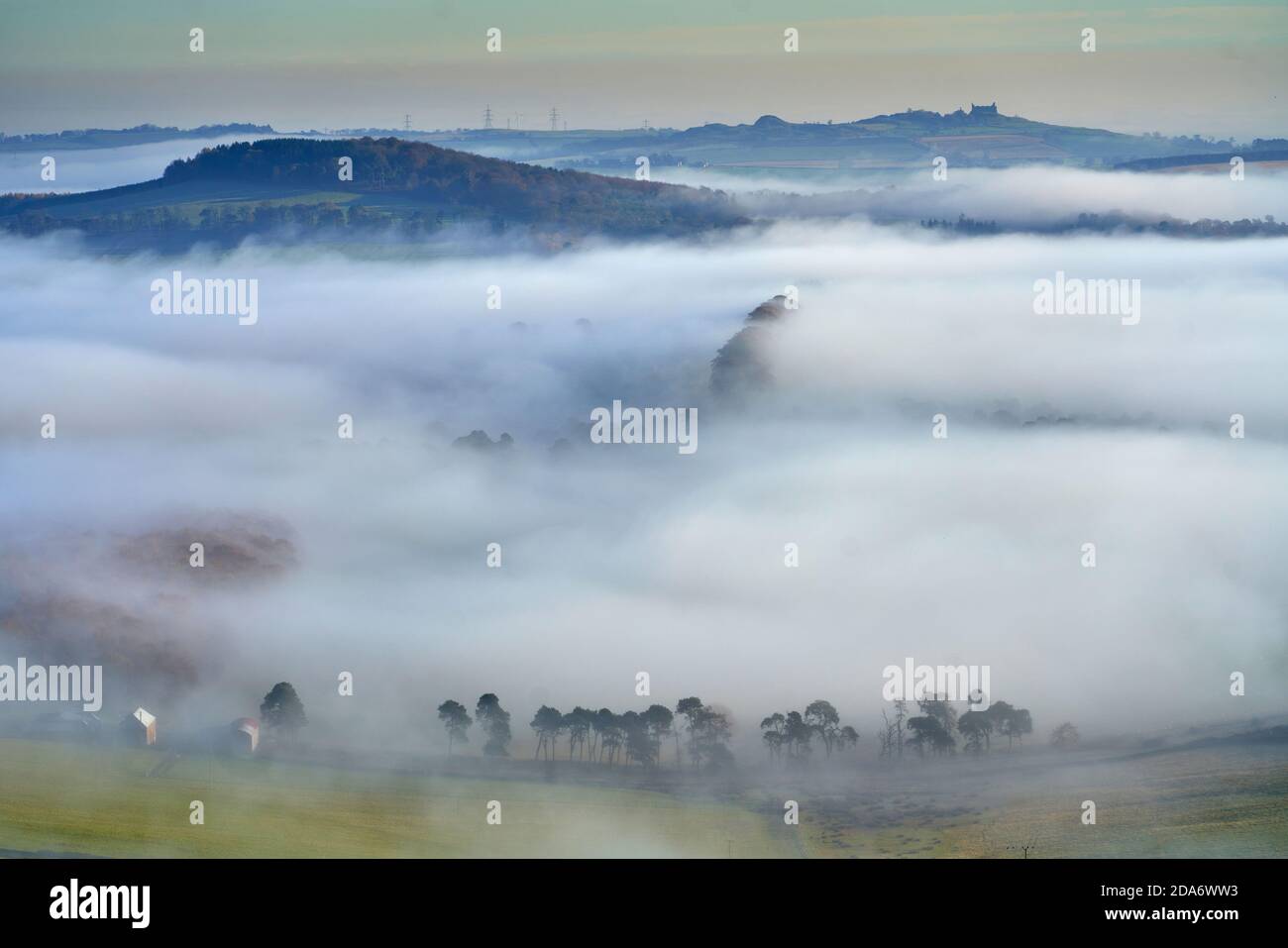 View from the Black Hill near Earlston on a misty autumn morning in the Scottish Borders. Stock Photo