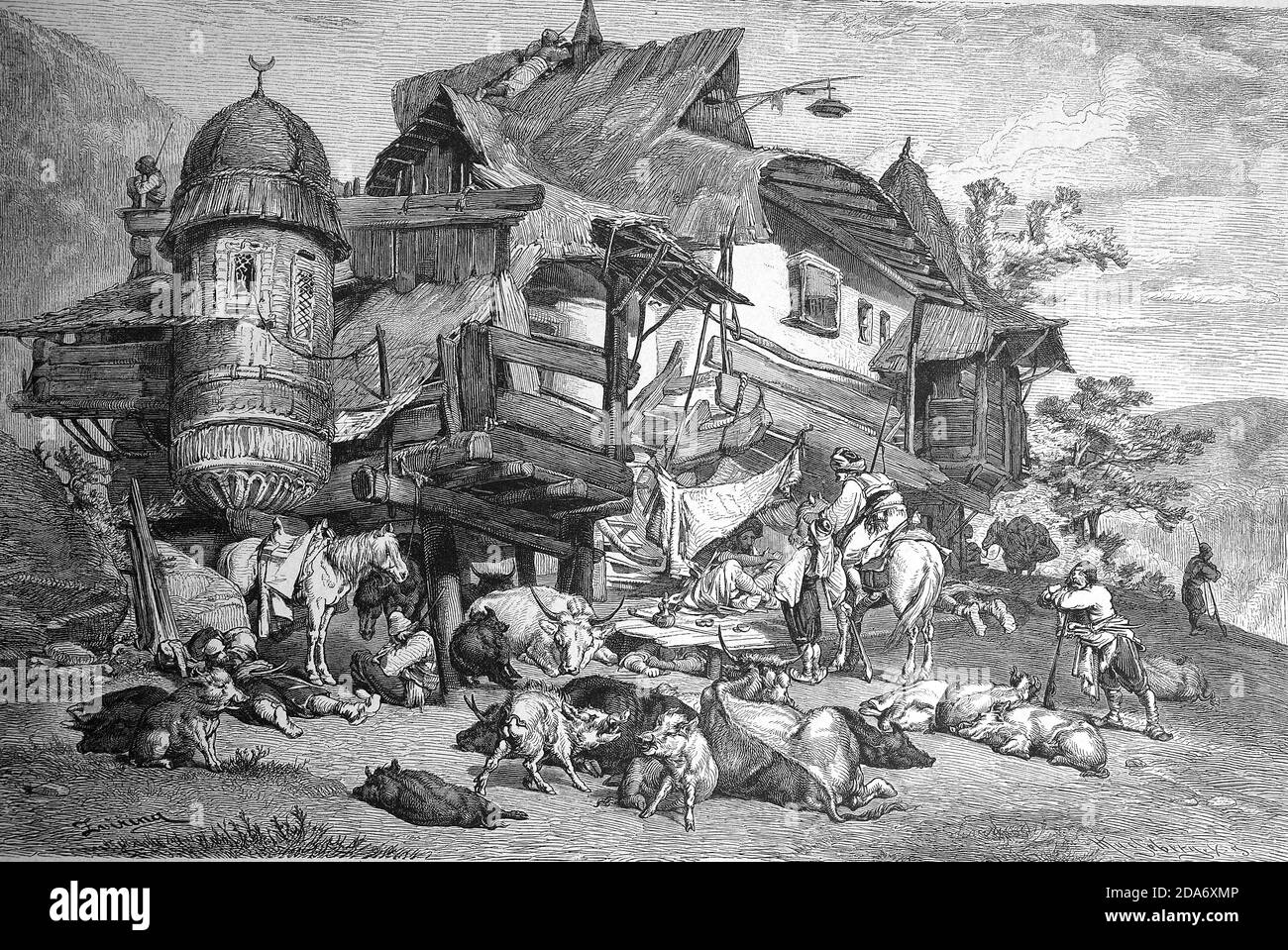 Inn in Bosnia in a hopeless chaos with animals and people, 1888  /  Wirtshaus in Bosnien in einem heillosen Chaos mit Tieren und Menschen, 1888, Historisch, historical, digital improved reproduction of an original from the 19th century / digitale Reproduktion einer Originalvorlage aus dem 19. Jahrhundert, Stock Photo