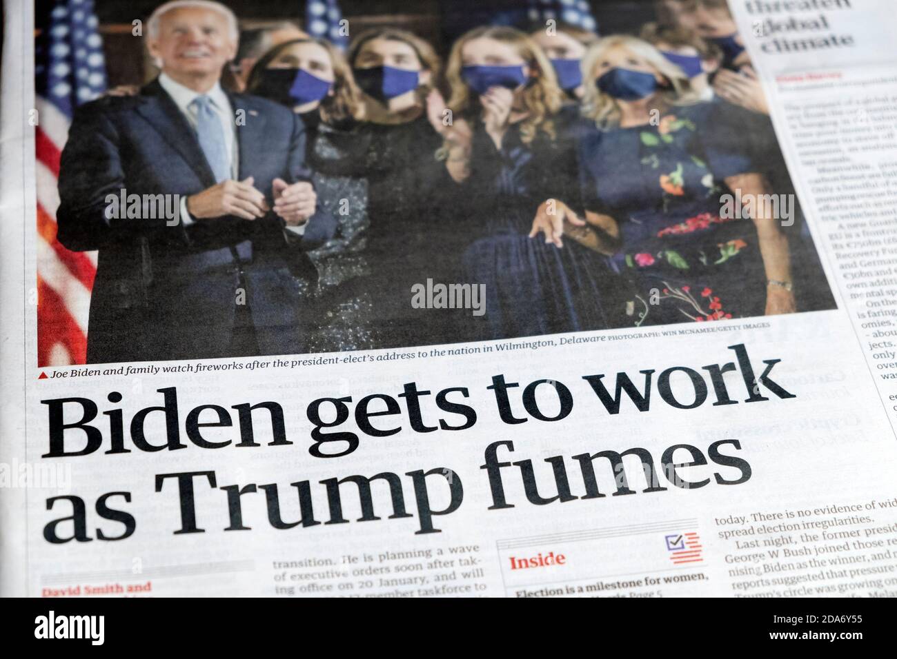 'Biden gets to work as Trump fumes' Joe Biden Guardian newspaper headlines front page on 9 November 2020 after 7 November win to be next US President Stock Photo