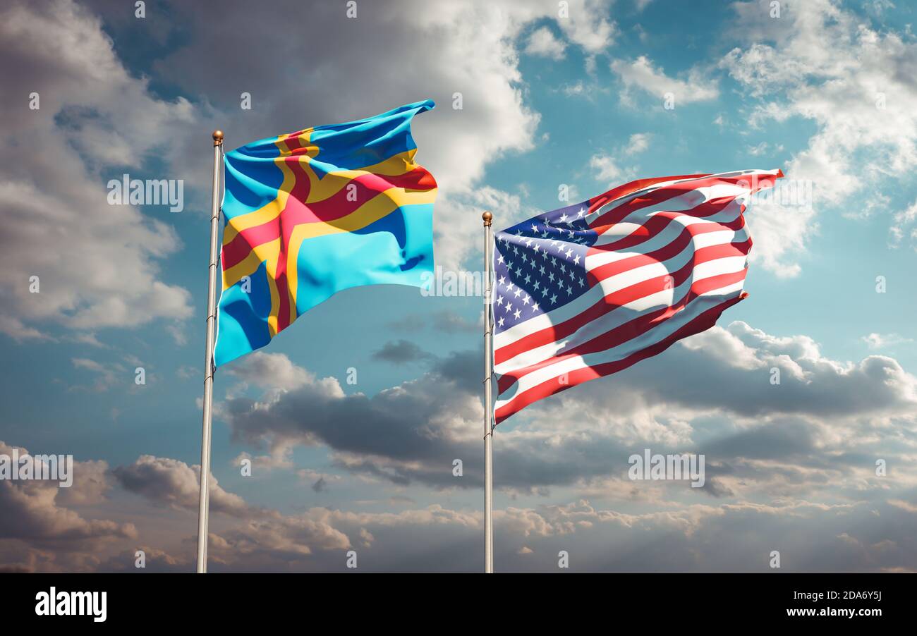 Beautiful national state flags of USA and Aland Islands together at the ...
