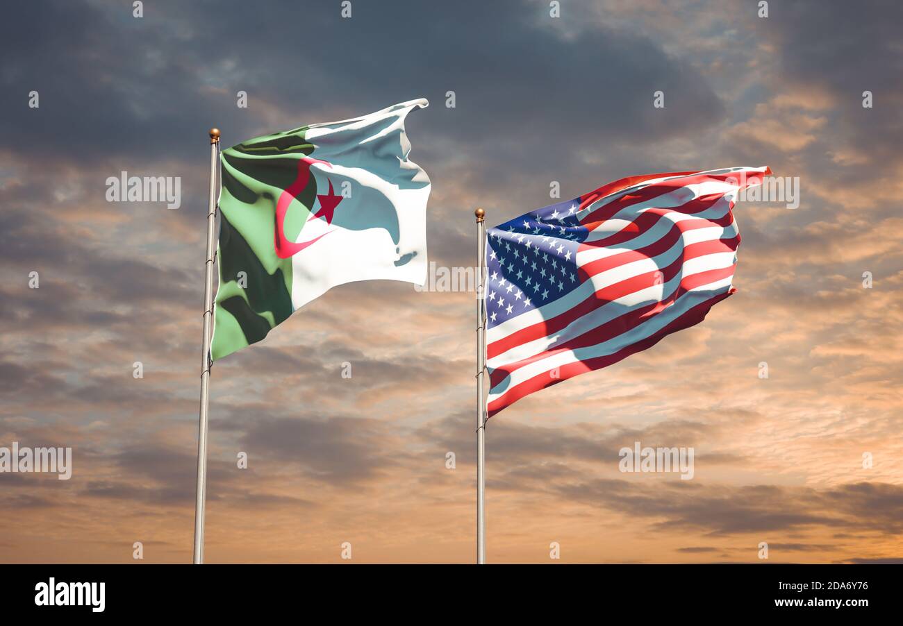 Beautiful national state flags of USA and Algeria together at the sky ...
