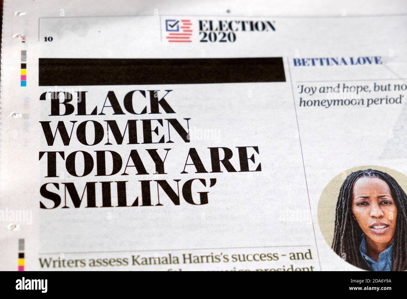 US American Election 2020 'Black women today are smiling' Guardian newspaper article headline inside page clipping in British paper London England UK Stock Photo